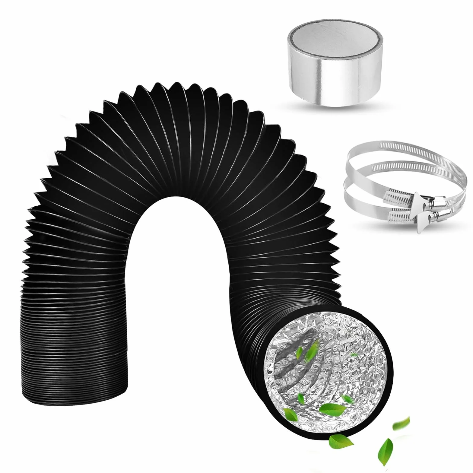 Manguera de ventilación secadora de 80 mm 4,2 m de largo, conducto flexible de aluminio y PVC con 2 abrazaderas, cinta de volumen 1 negra, conducto de aire de ventilación para aire acondicionado