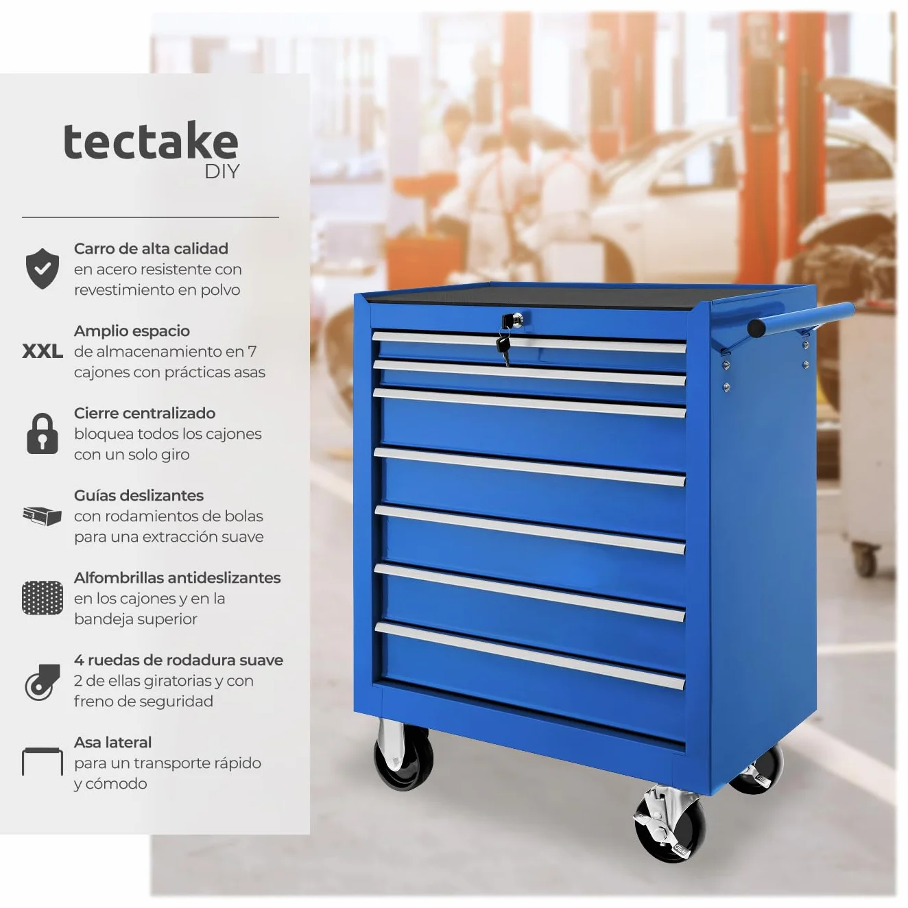 Tectake Carrito Auxiliar con Ruedas, 7 Cajones, Organizador de Herramientas, Armario Metálico, Azul