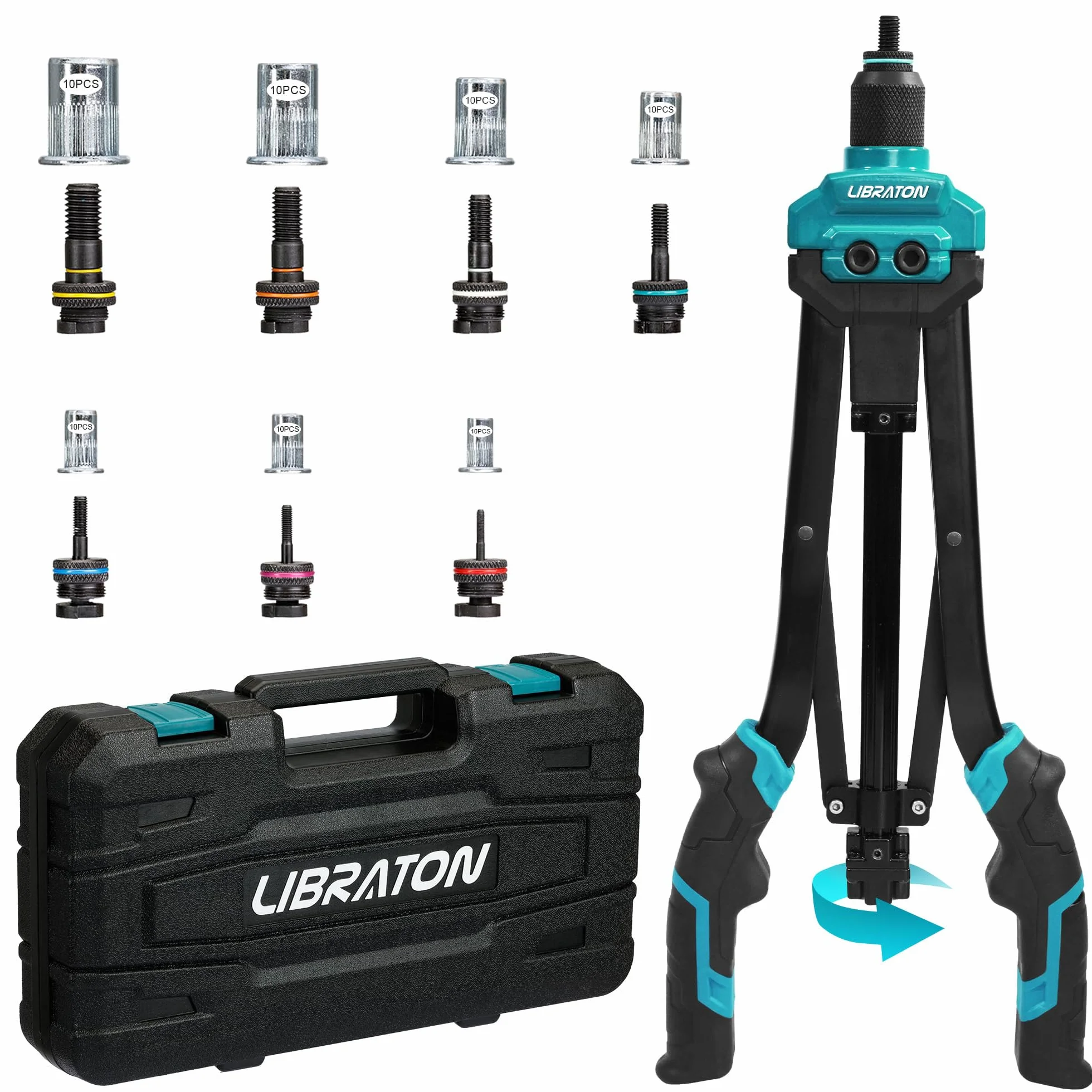 LIBRATON Remachadora de Tuercas, 16" Pistola de Tuercas con 7 Mandriles Métricos, 70 Piezas Tuercas Remachables, Remachadora de Tuercas Profesional, Diseño de Tuerca de Liberación Automática, Caja