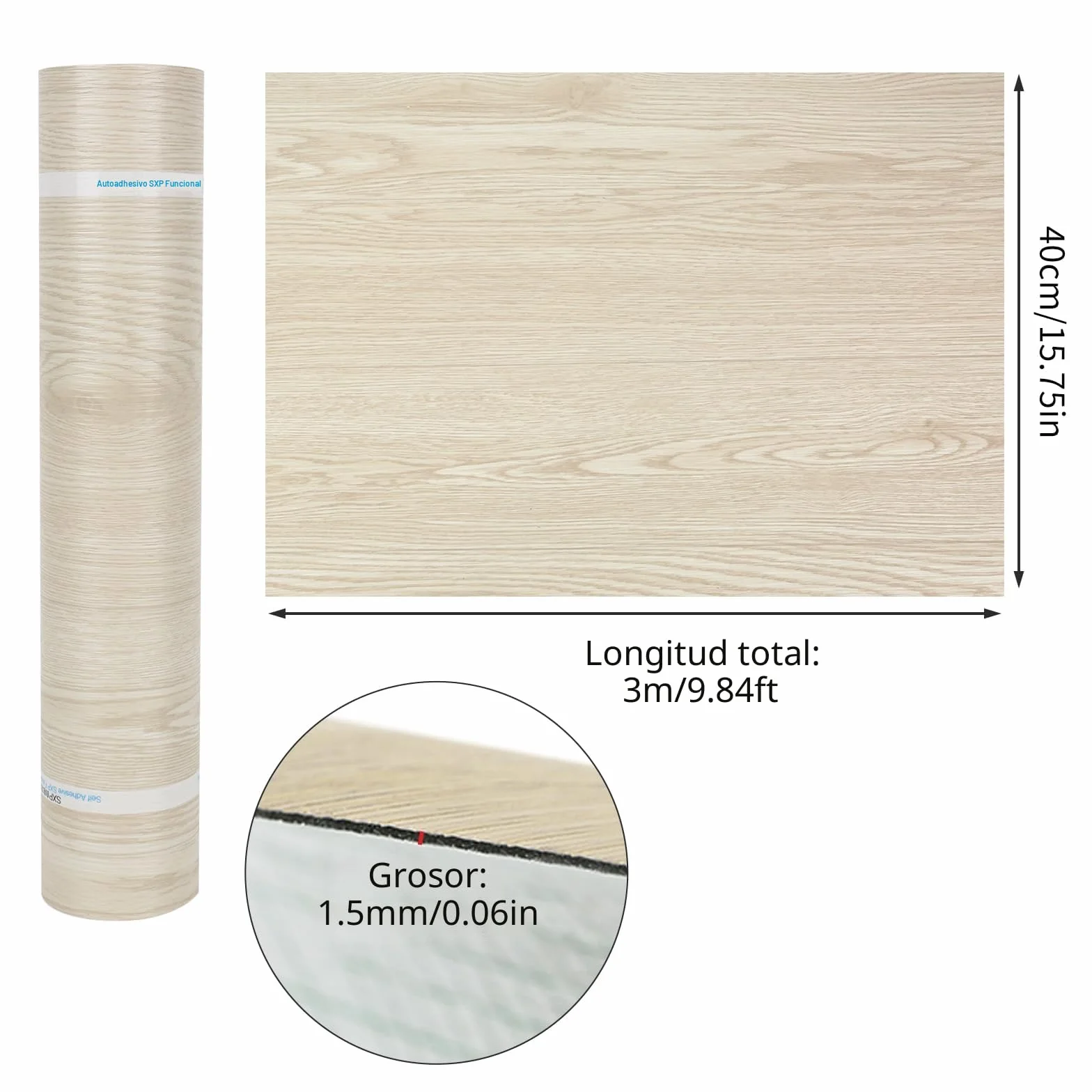Revestimiento de Suelo de PVC Autoadhesivo, Suelo de Vinilo Decorativo Efecto de madera, 15mm Grosor, Antideslizante, Impermeable, 40 x 300cm, 1,2 m (Madera Beige-amarillo)