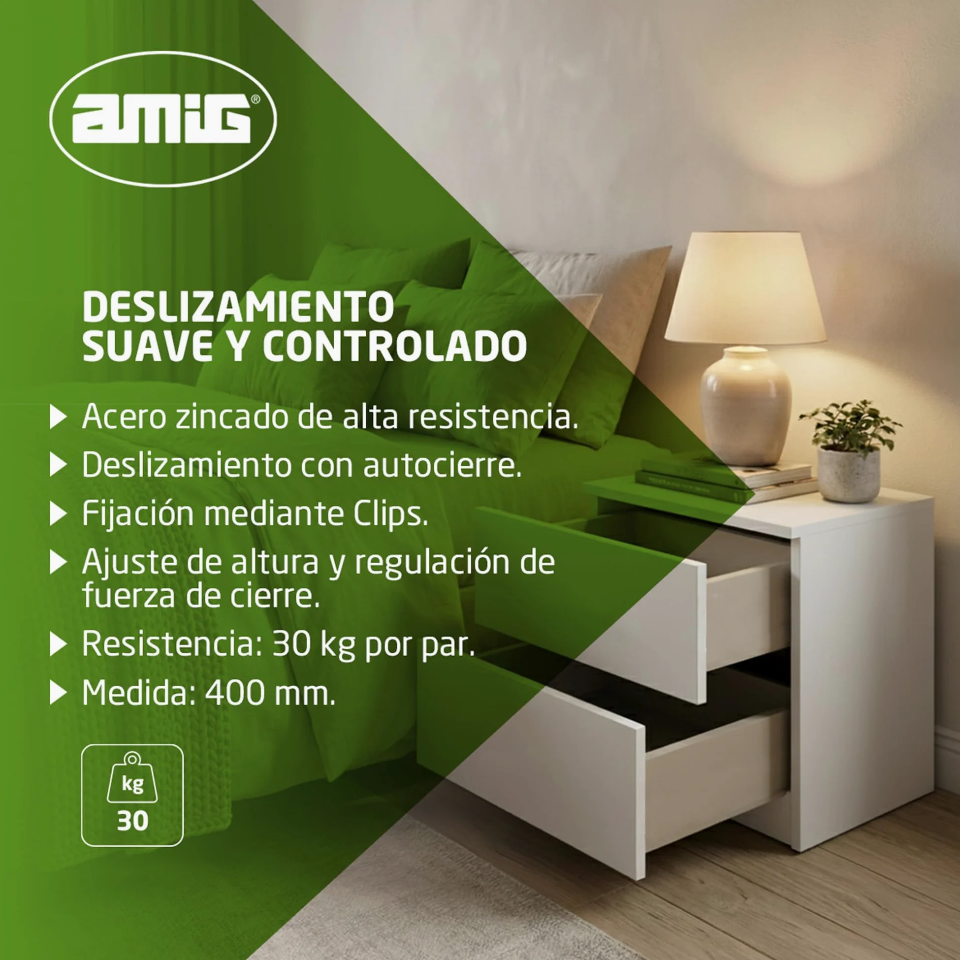 Amig - Juego de 2 guías Correderas Mod.41 de Acero Zincado para Cajones de Muebles, Cajoneras o Armarios - De Extracción Total con Autocierre - Resistencia de carga: 25 Kg/Par - Medidas: 400 mm