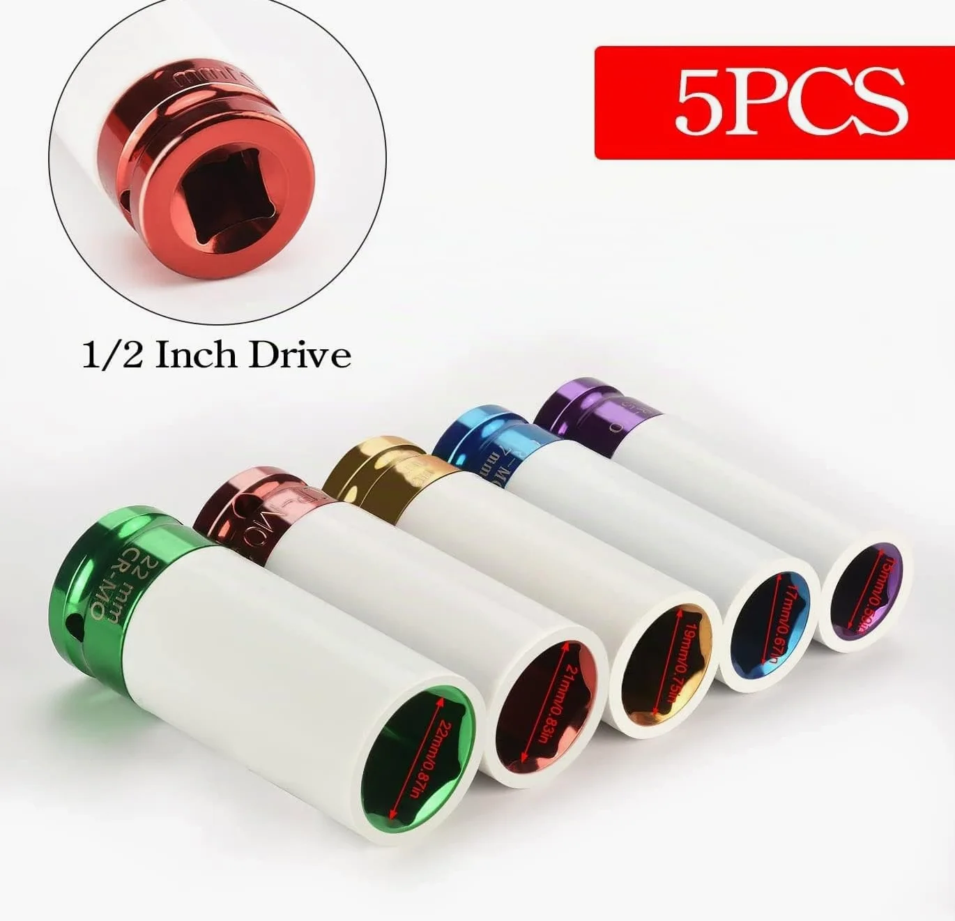 Juego de 5 llaves de impacto con insertos protectores, juego de tuercas para ruedas 15, 17, 19, 21, 22 mm, inserto de 1/2 pulgada para llave de torque e impacto, herramienta para tuercas de