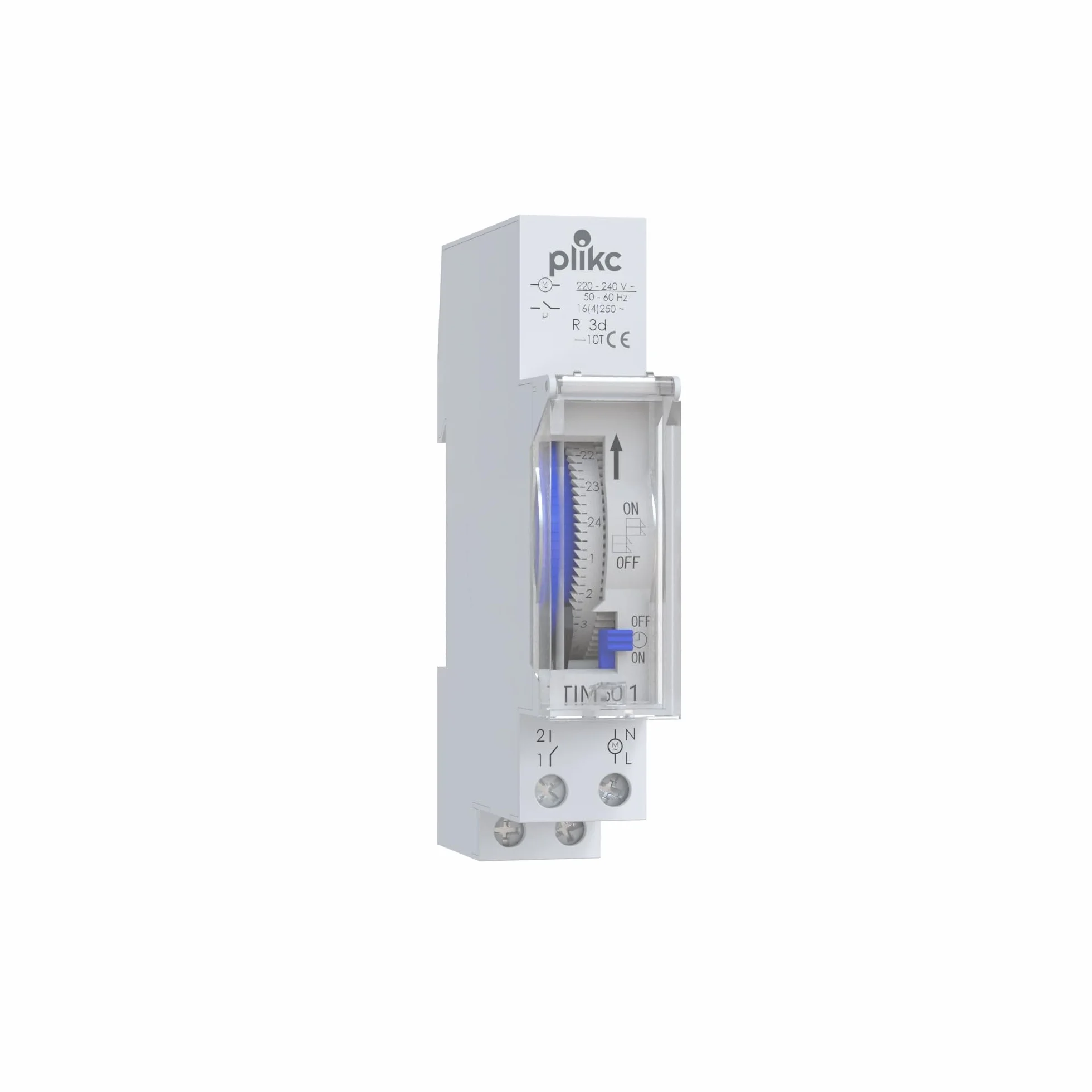 Plikc TIM501 - Interruptor horario electromecánico de Caballeros (programación Diaria, instalación en Barra DIN 1 módulo, Reserva de Marcha 72 Horas)