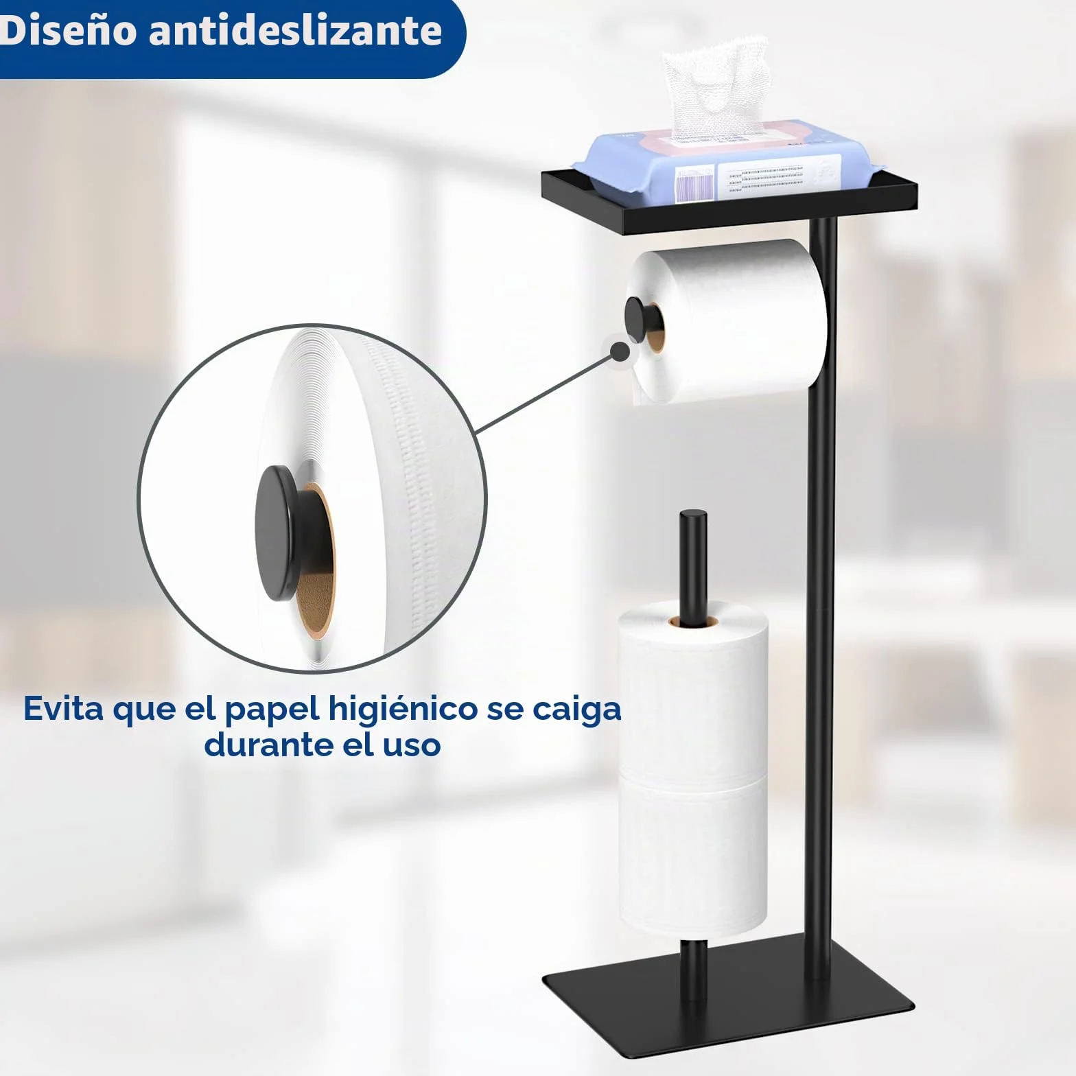 Susswiff Portarrollos de Papel higiénico Independiente con Estante de Almacenamiento Superior, Soporte de Papel higiénico Negro, Almacenamiento de 4 Rollos de Reserva