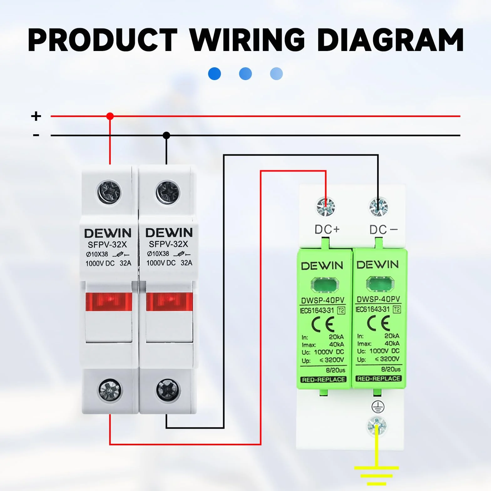 DEWIN Fusible fotovoltaico 2 polos 1000V CC 32A con protección contra sobrecarga y cortocircuito
