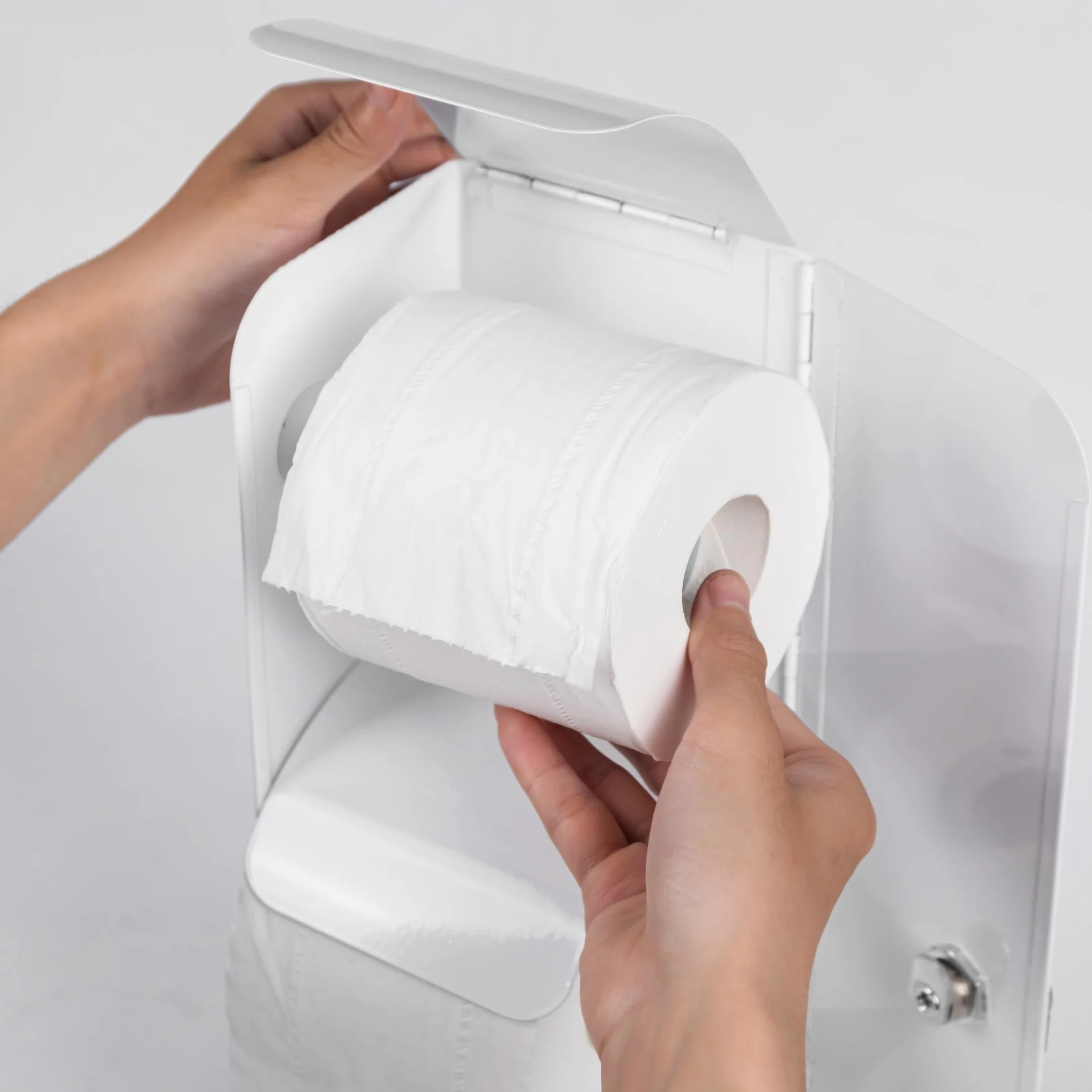 Dispensador comercial de papel higiénico de acero inoxidable, soporte para 3 rollos con cerradura, montaje en pared, opción de rollo doble, color blanco