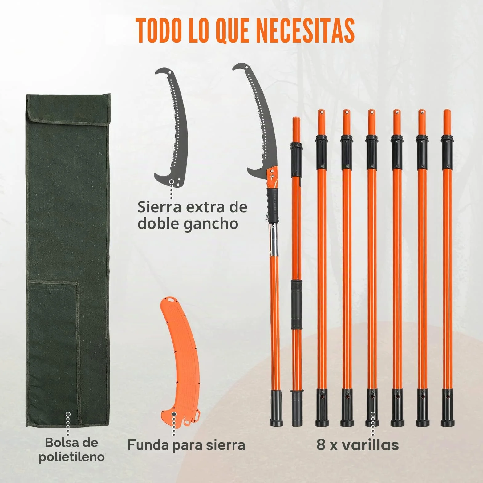 VEVOR Sierra de Poda Telescópica 2,24-8,24 m con Hoja de Acero Cortante y Pértigas de Fibra de Vidrio