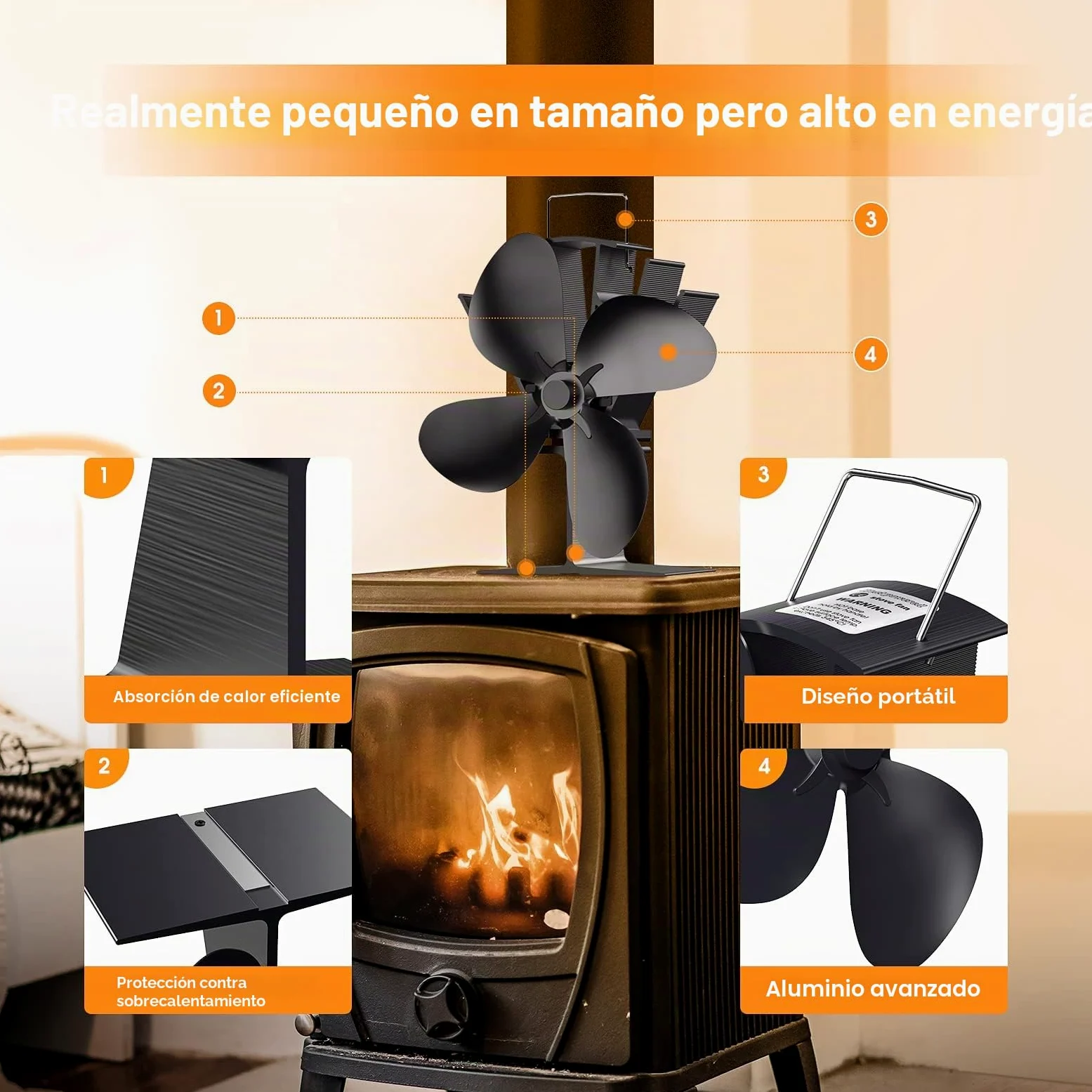 Ventilador de estufa sin electricidad, silencioso, ventilador de chimenea con 4 hojas, para madera/leña/hoguera/tubo de estufa