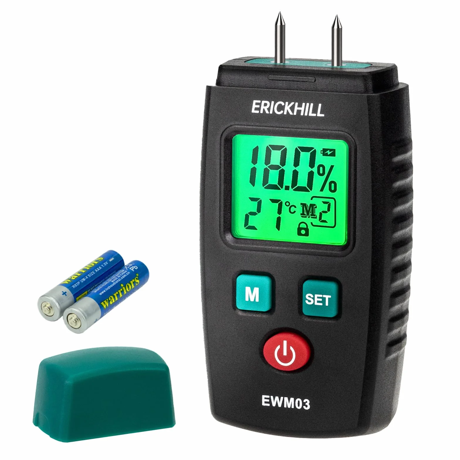 Medidor de Humedad de Madera ERICKHILL, Detector de Humedad Tipo Pin con 5 Modos, Pantalla LCD Retroiluminada Verde, Detectores de Humedad Para Madera y Materiales de Construcción.