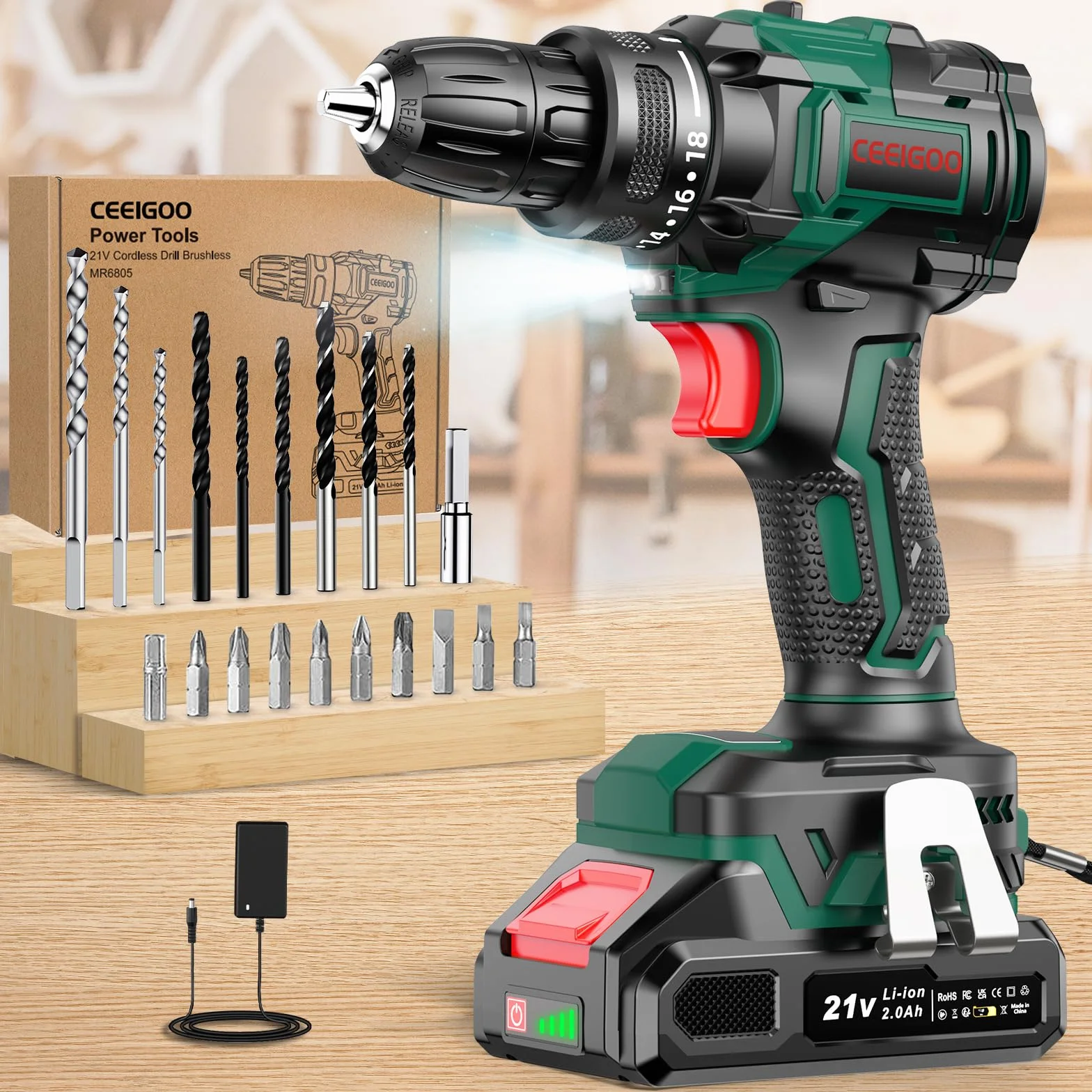 Taladro Atornillador Batería Sin Escobillas,Destornillador Electrico 21V con Batería 2.0Ah, Atornillador Bateria 42Nm, 18 +1 Ajuste de Par, 20 Accesorios, 2 Velocidad Para Hogar, Bricolaje
