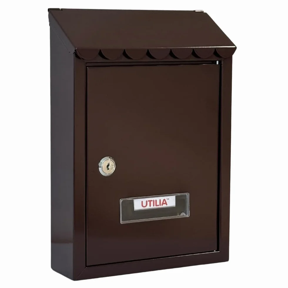 UTILIA Buzón de correos Capri 21 x 6 x 30 cm, porta cartas de chapa pintada con techo, solapa superior trasera, buzón exterior con cerradura de cilindro, 2 llaves (marrón)