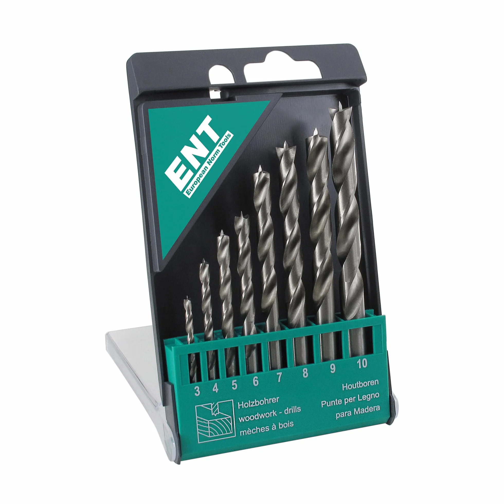 ENT 09248 Juego de 8 brocas para madera HSS-G - 3-10 mm - brocas helicoidales afiladas en HSS