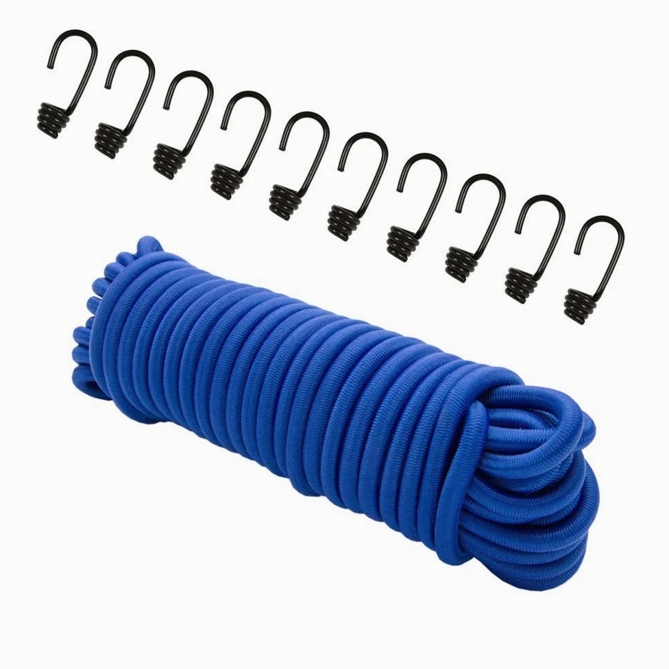 Cuerda expansora 20 m azul, (cuerda de goma) cuerda de tensión del cable de goma de 8 mm cuerda de lona cuerda de goma + 10 ganchos en espiral para ganchos de cuerda de 8 mm ganchos de metal