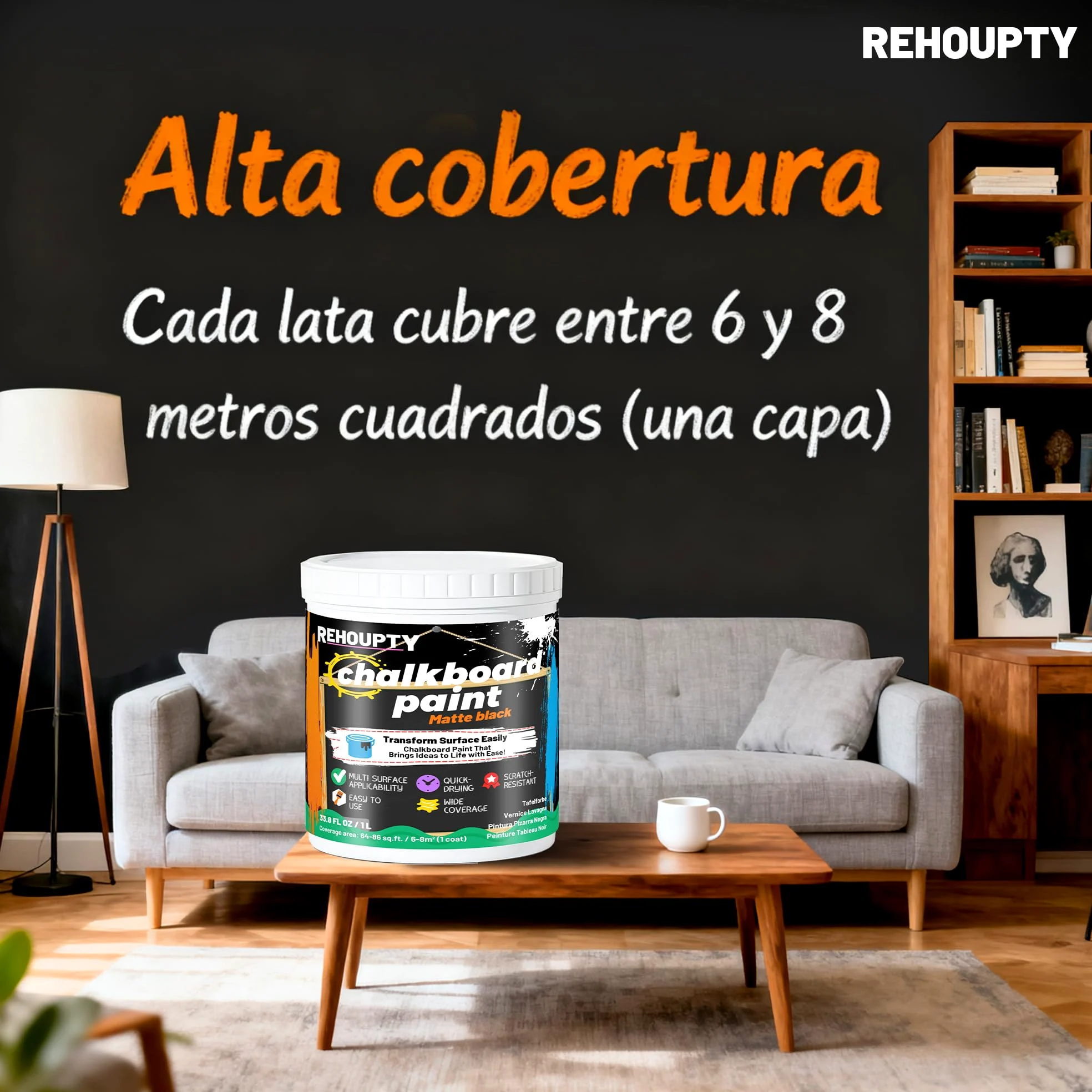 Pintura Pizarra Negra - Pintura Para Pizarrón Negro Mate, 1L Aplicación Fácil Y De Brocha Revestimiento Acrílico, Terminado De Pizarrón Para Madera, Metal, Muebles, Paredes Y Manualidades Cubre 6-8m²
