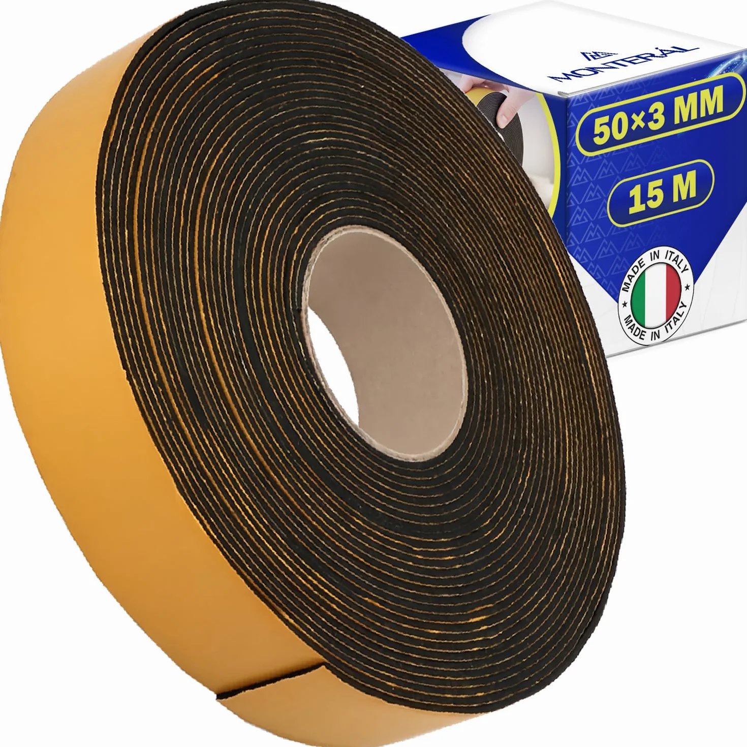 MONTERAL Cinta Adhesiva Caucho Anticondensación 15 m 50x3 mm Cinta Goma Adhesiva para Aislamiento de Tuberías Frías y Calientes en Sistemas de Condensación - MADE IN ITALY