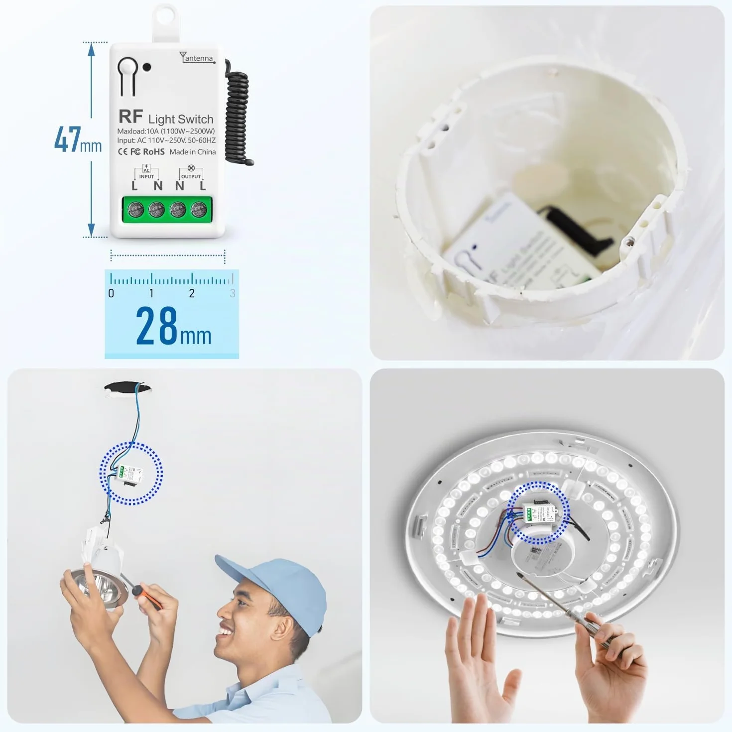 Interruptor De Luz Inalámbricas Autoalimentado, Tedeligo Sin Batería Interruptor A Prueba De Agua 220V 10A Relé Transmisor De Radio Rango De Control De 50M Para Iluminación De Lámpara (1 a 1)