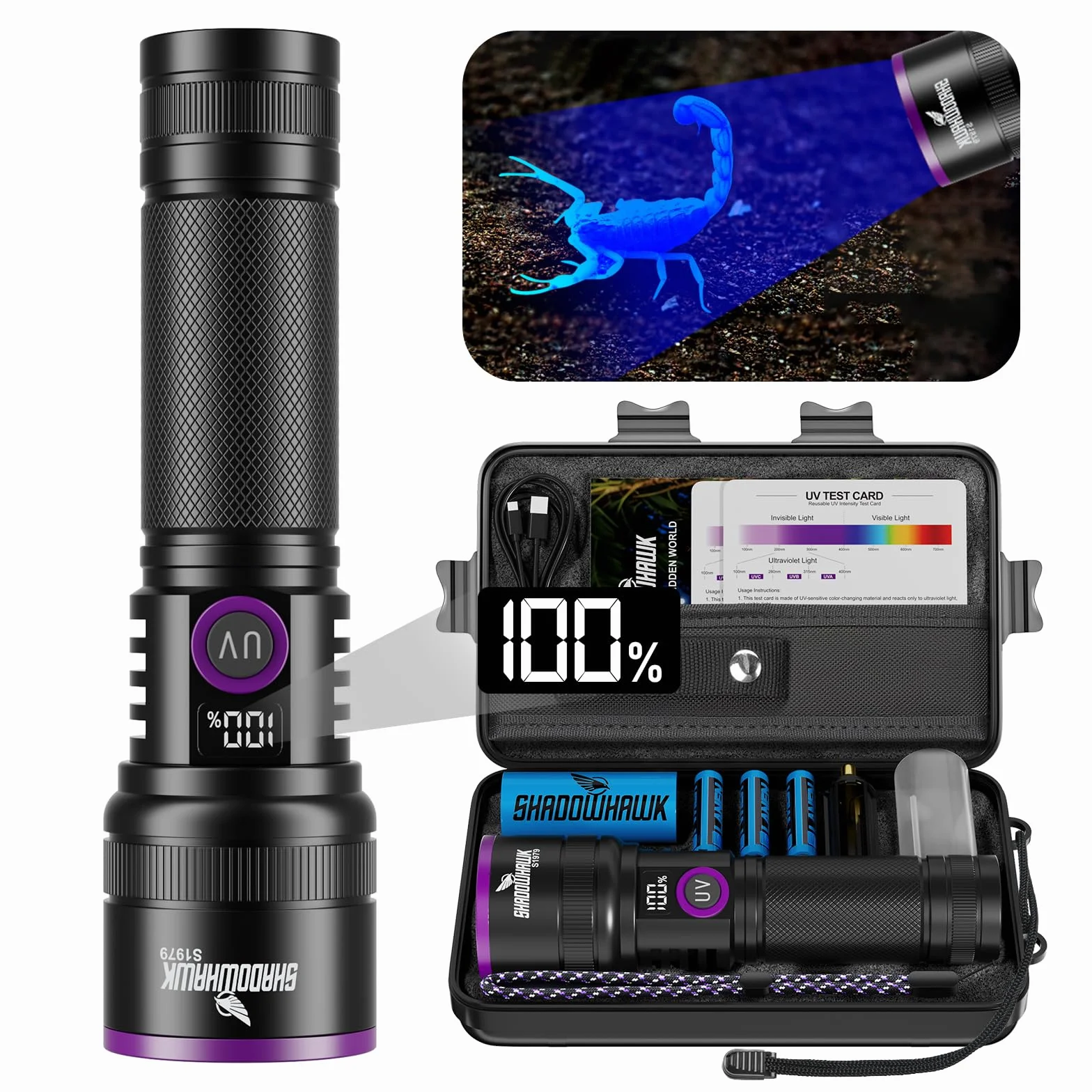 Shadowhawk 365nm Linterna Ultravioleta Con Lente De Filtro - 30W De 4 Núcleos Linterna UV Potente Recargable para la detección de orina de mascotas/curado de resina/rocas/escorpión, etc., Pantalla LCD