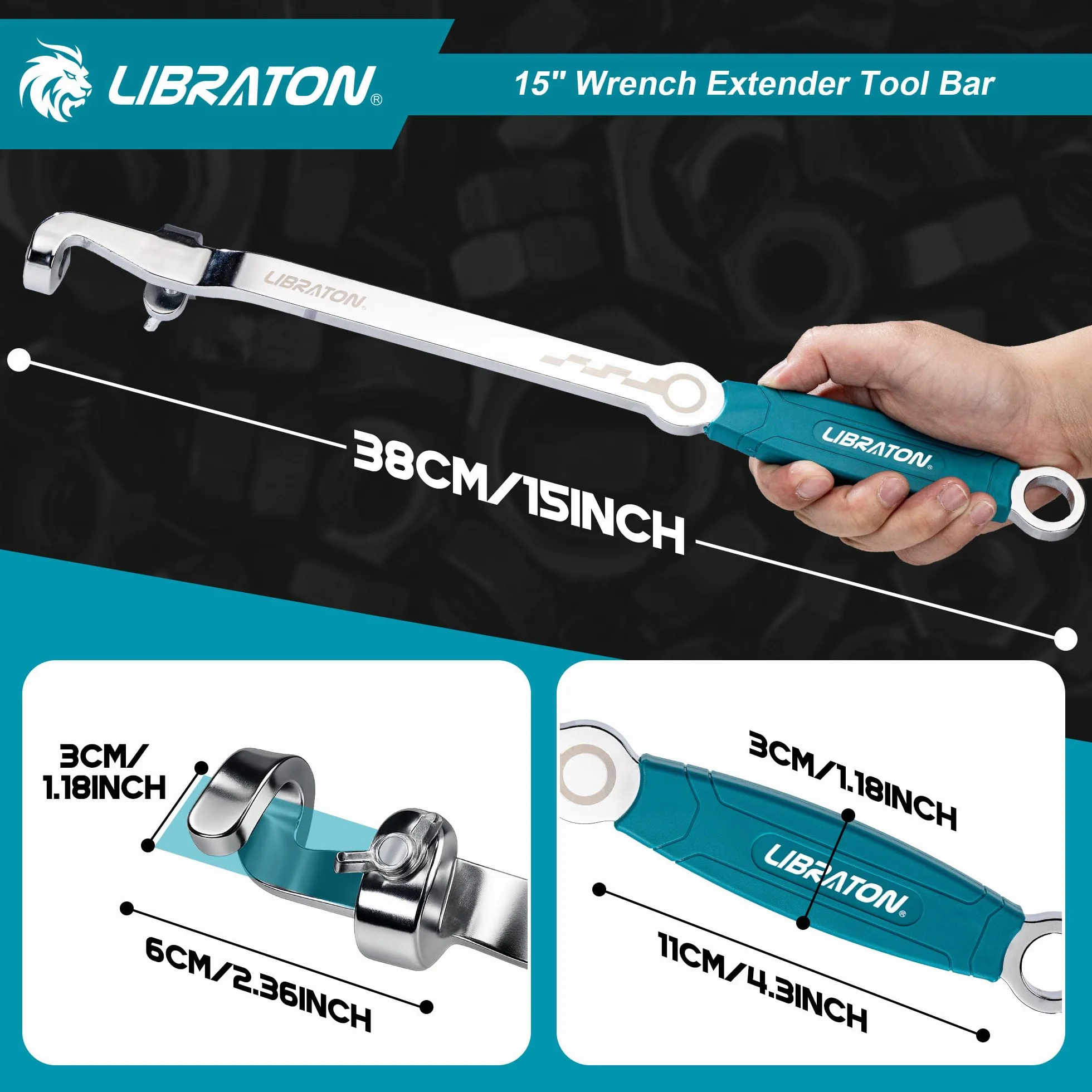 LIBRATON Barra Extensión de Llave de 38 cm, Herramienta Extensora de Llave para Máximo Apalancamiento, Adaptador Extensor de Llave para Reparación y Mecánica Automóviles, con Agarre Antideslizante