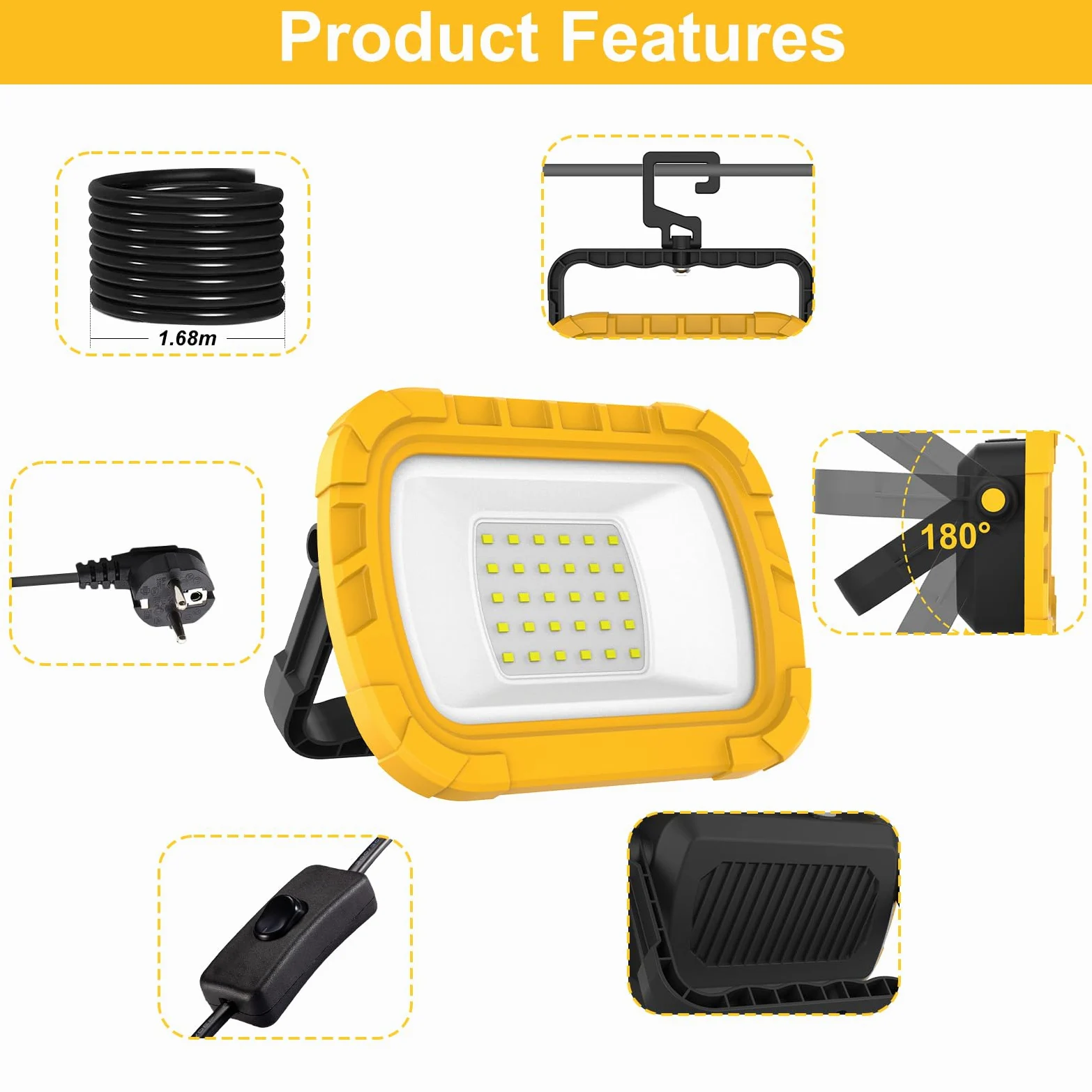T-SUN 30W Foco LED Portátil, 1000LM Foco Trabajo LED con Enchufe y Cable de 1,8 m, Soporte Plegable, Blanca Fría de 6500K, Luz de Trabajo Impermeable para Garajes, Talleres y Obras- 2 Piezas
