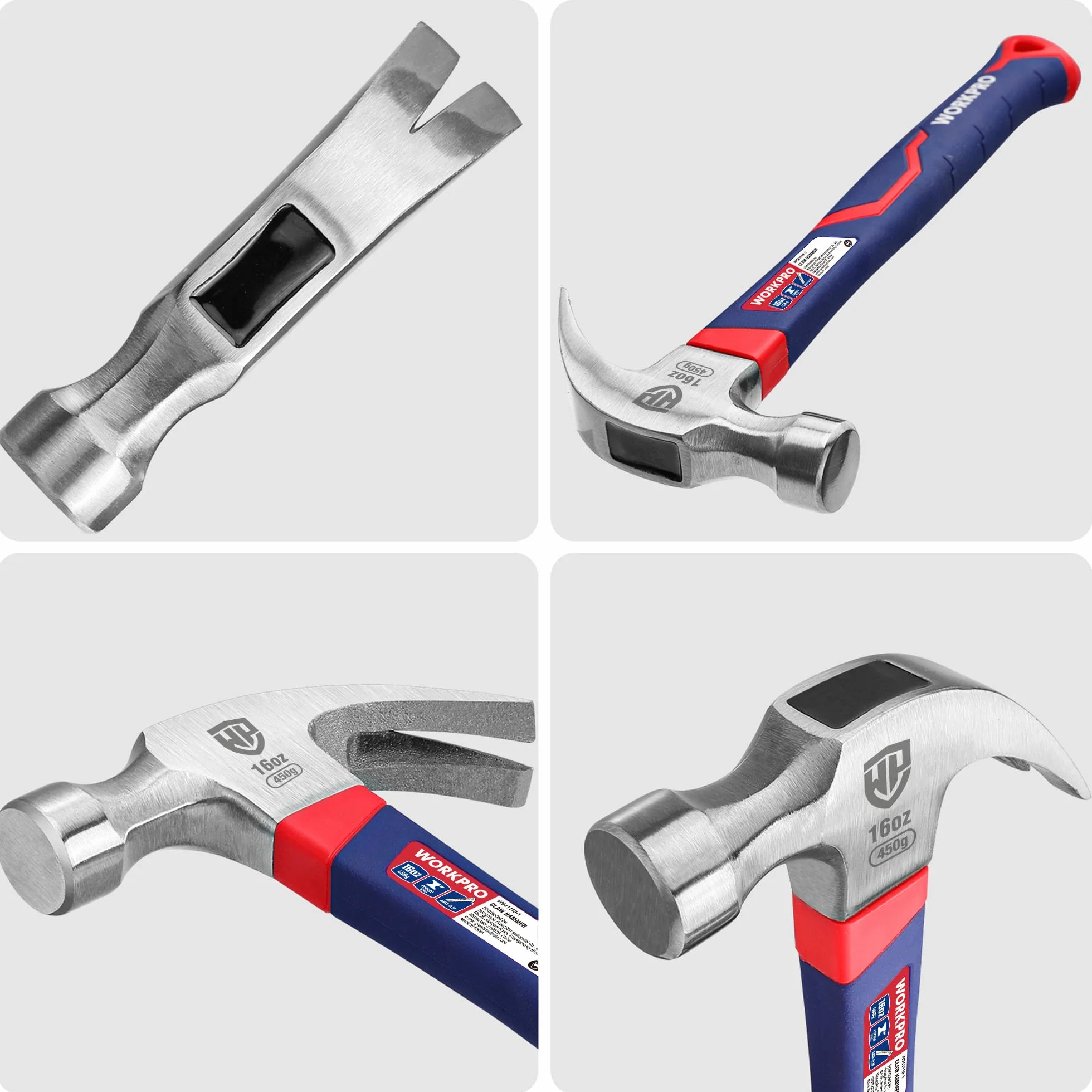WORKPRO Martillo de Carpintero 2 Piezas, Martillo de Uñas 720 g y 340 g, Martillo de Garra con Mango Ergonómico Antideslizante, para Carpintería, Bricolaje y Reparaciones de Madera
