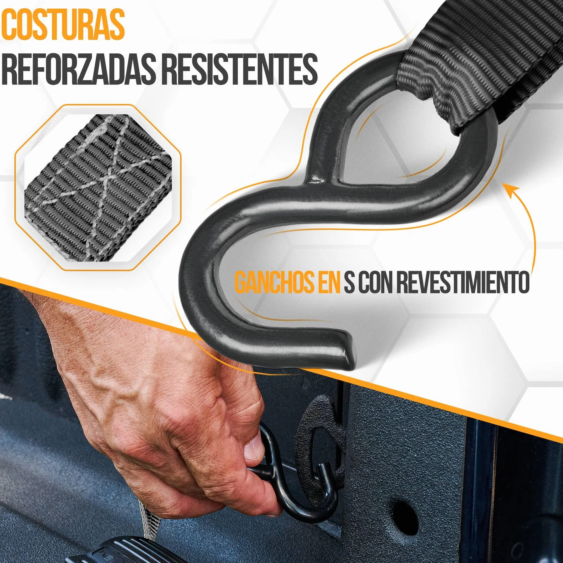FORTEM Set de Correas de Amarre con Tensor de Trinquete, Resistencia 249 kg de Carga, 748 kg al Rompimiento, 4 Ganchos de Acero Plastificado, 4 Correas de 4.5m, 4 Hebillas (Negro)