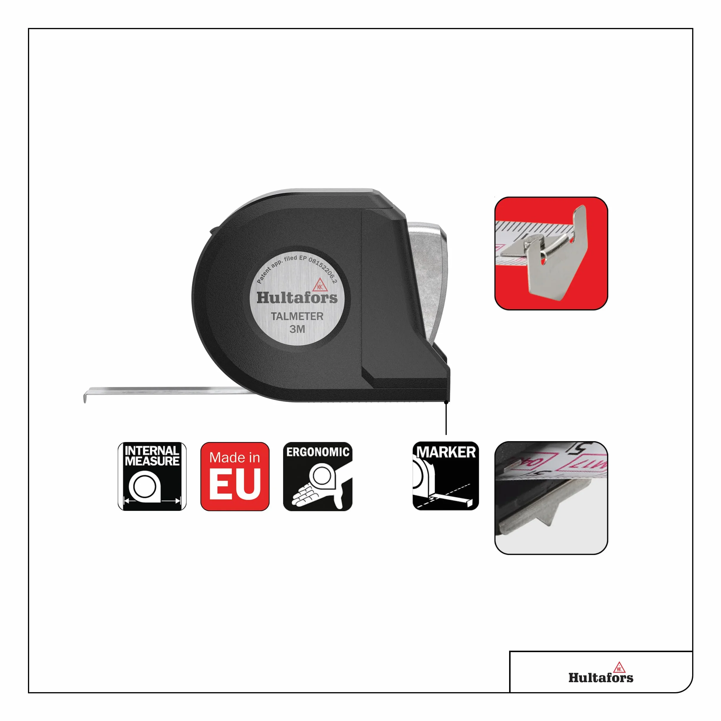 Cinta de medición Talmeter de 3 metros I Hultafors I Clase de precisión II I Made in EU I Cinta de medición 7 en 1 con función única de medición y marcado I 359203