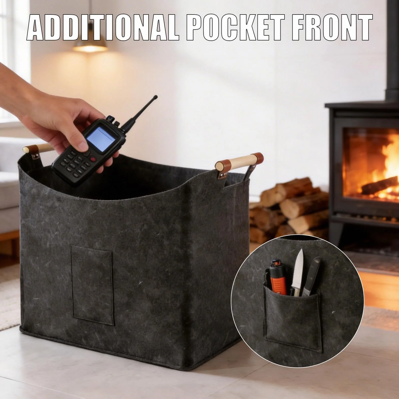 Cesta Plegable para Leña de 96 L, Fieltro Extragrueso, Mango Reforzado, Negro