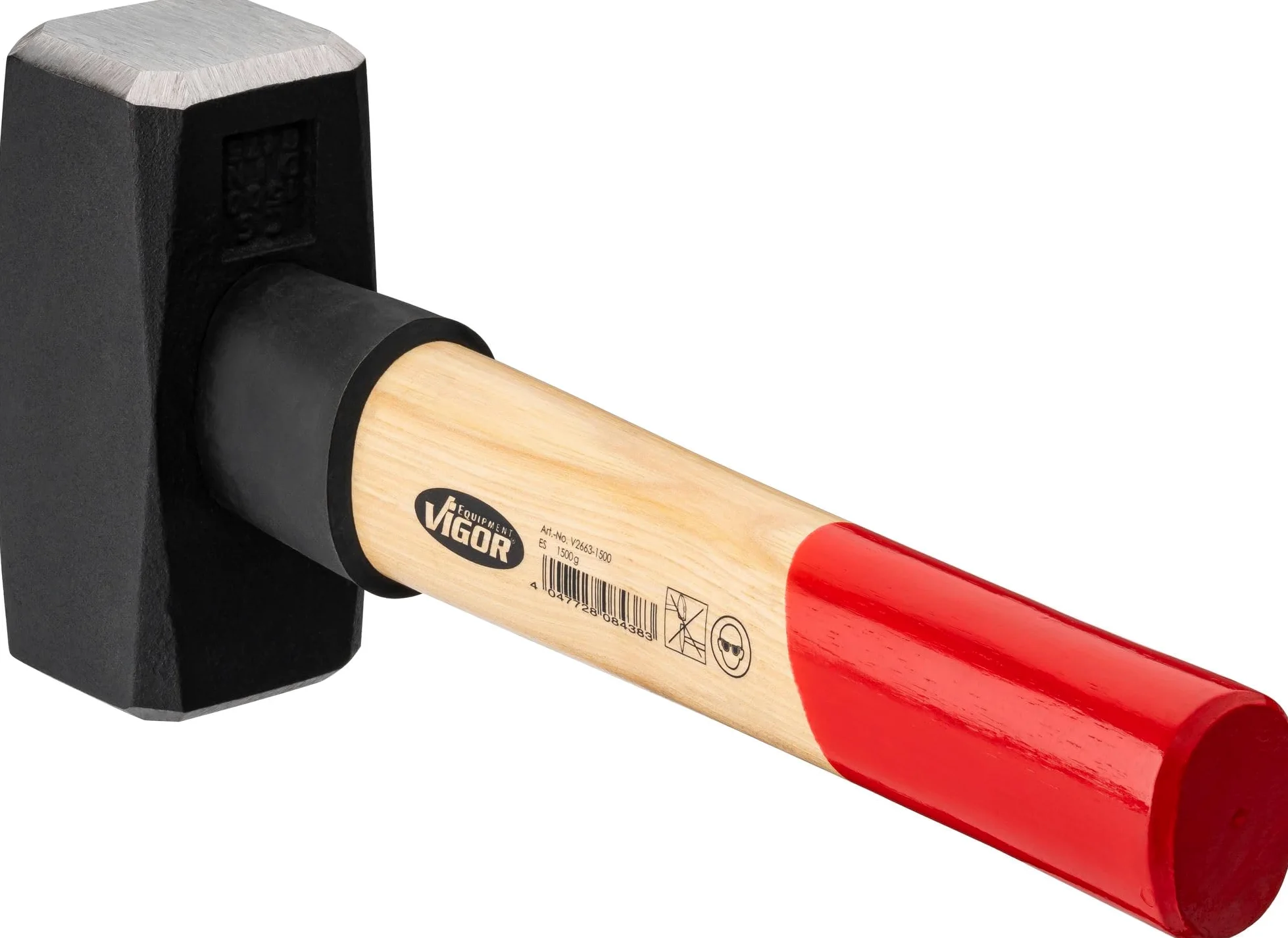 ViGOR V2663-1500 - Manopla de 1500 g, mango de madera de nogal con protección de goma, longitud 280 mm, martillo pesado para golpes potentes y trabajos precisos