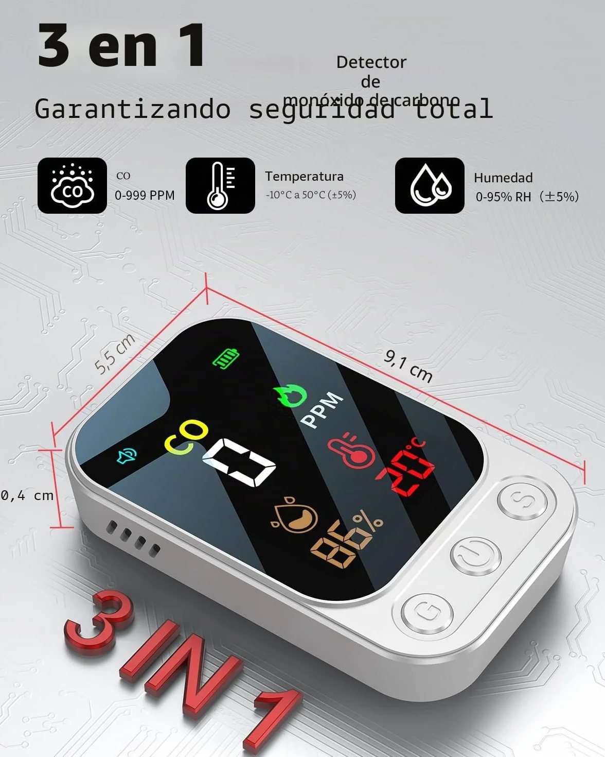 Detector de monóxido de carbono portátil 3 en 1, detector de monóxido de carbono recargable con indicador de temperatura y humedad, portátil para el hogar, caravana, camping (blanco)