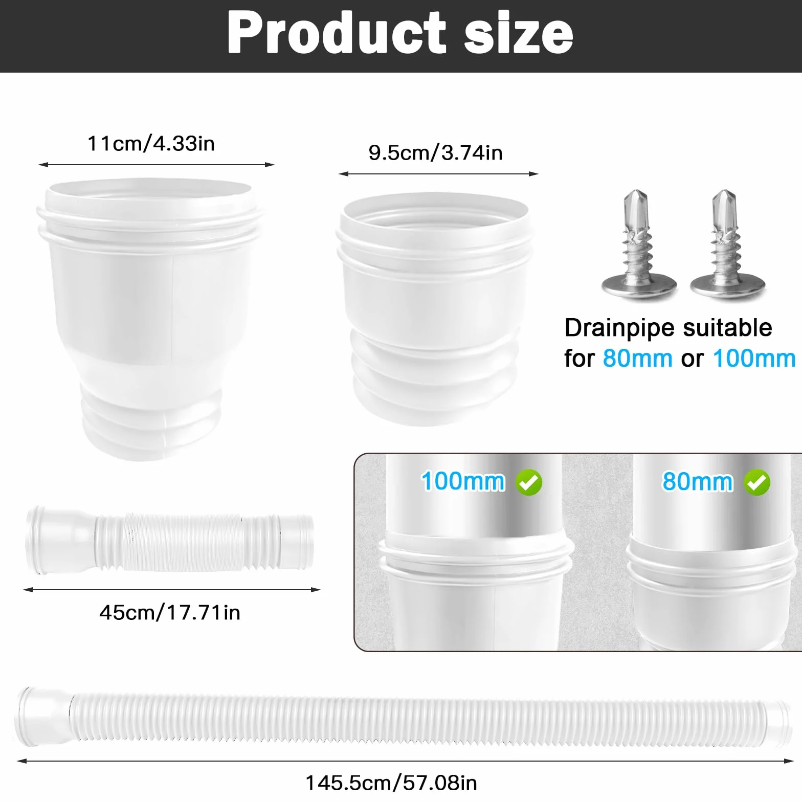 1 pieza de extensión flexible para canalones y bajantes, 80/100 mm extensible para canalon de 47 a 150 cm, extensión canalones pvc para lluvia tejado, blanco