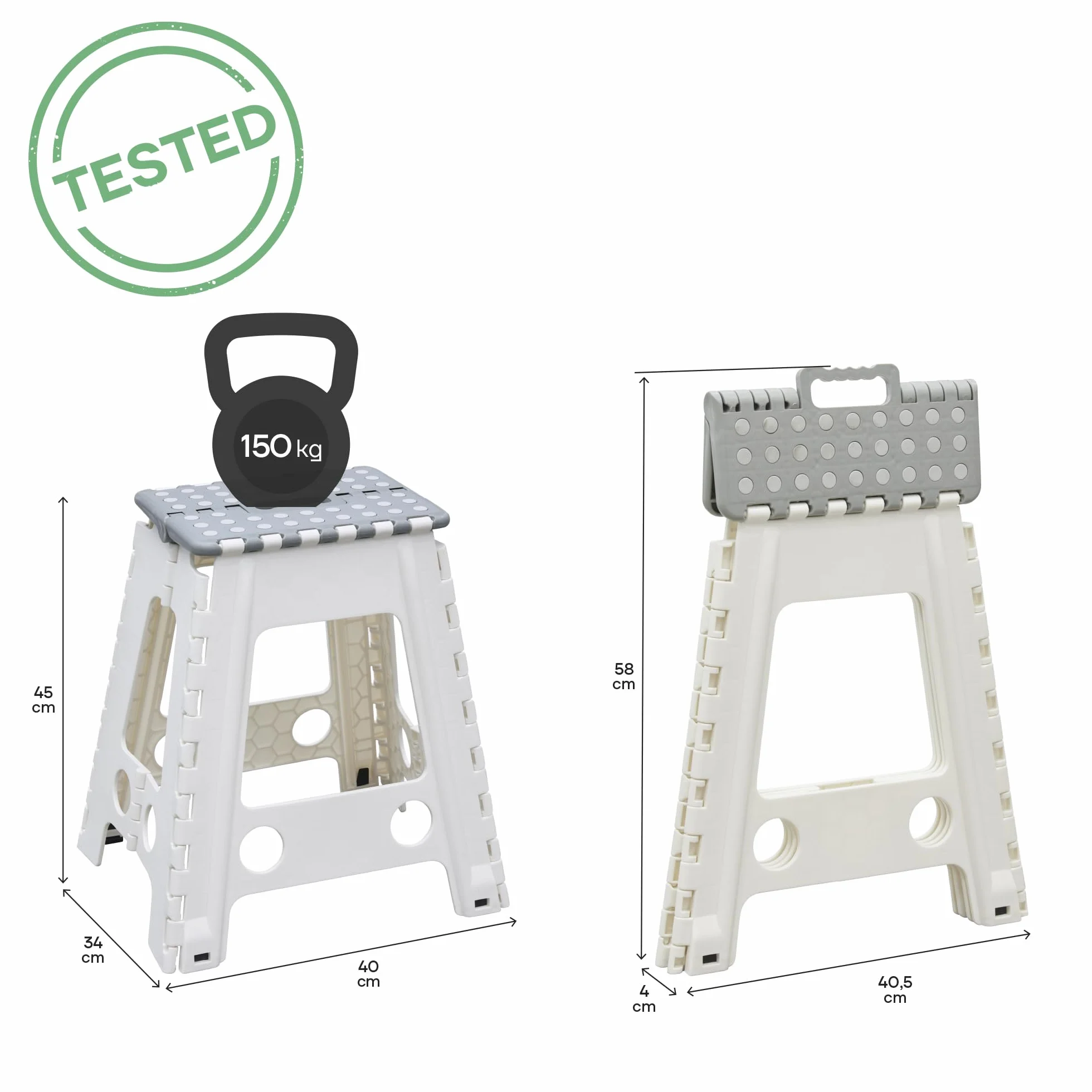 ARREGUI TB-045-GB Taburete Plegable para Cocina o Baño| Escalera Plegable Pequeña | Asiento Plegable | Banqueta Baño | Escalón Plegable para Adultos y Niños (hasta 150Kg) | 45 cm de Altura | Blanco