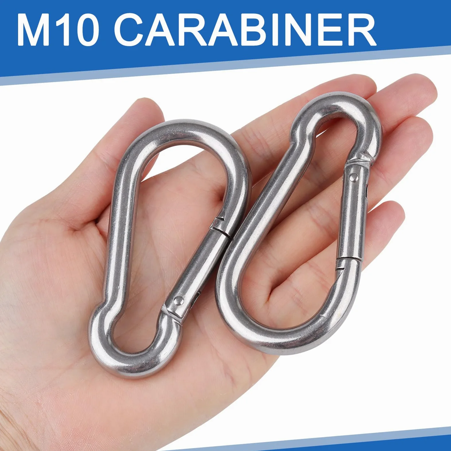Pack de 4 Mosquetones M10 de Acero Inoxidable 100x10mm, Mosquetón de Alta Resistencia Carga Máx 270kg, Ganchos de Muelle para Columpios, Hamacas, Toldos, Gimnasio y Bricolaje