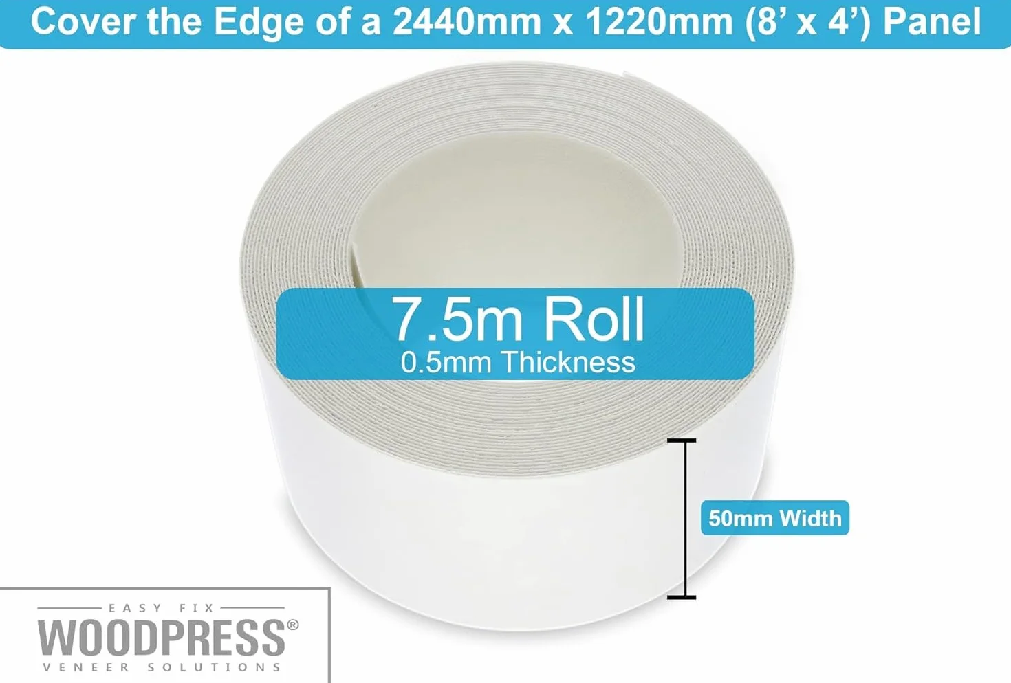 Cinta de melamina blanca perlada de 50 mm, cinta de chapa prepegada, rollo de 7,5 m, planchar para una fácil aplicación de bricolaje, cubrirá el borde de un panel de MDF estándar