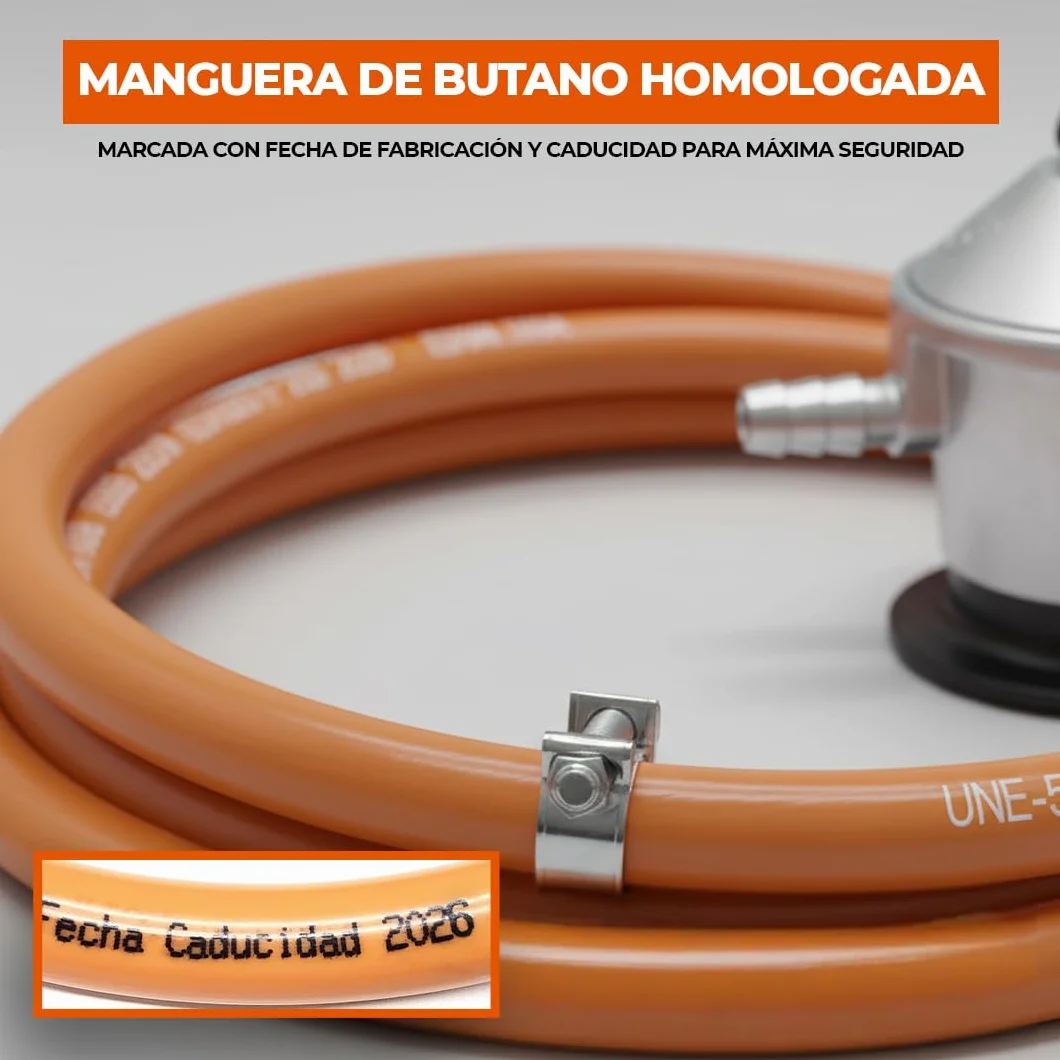 Kit Completo para Instalaciones de Gas Butano y Propano - Regulador de Gas 2,5 kg/h - Manguera Butano 1,5 mt 9-15 mm - 2 Abrazaderas