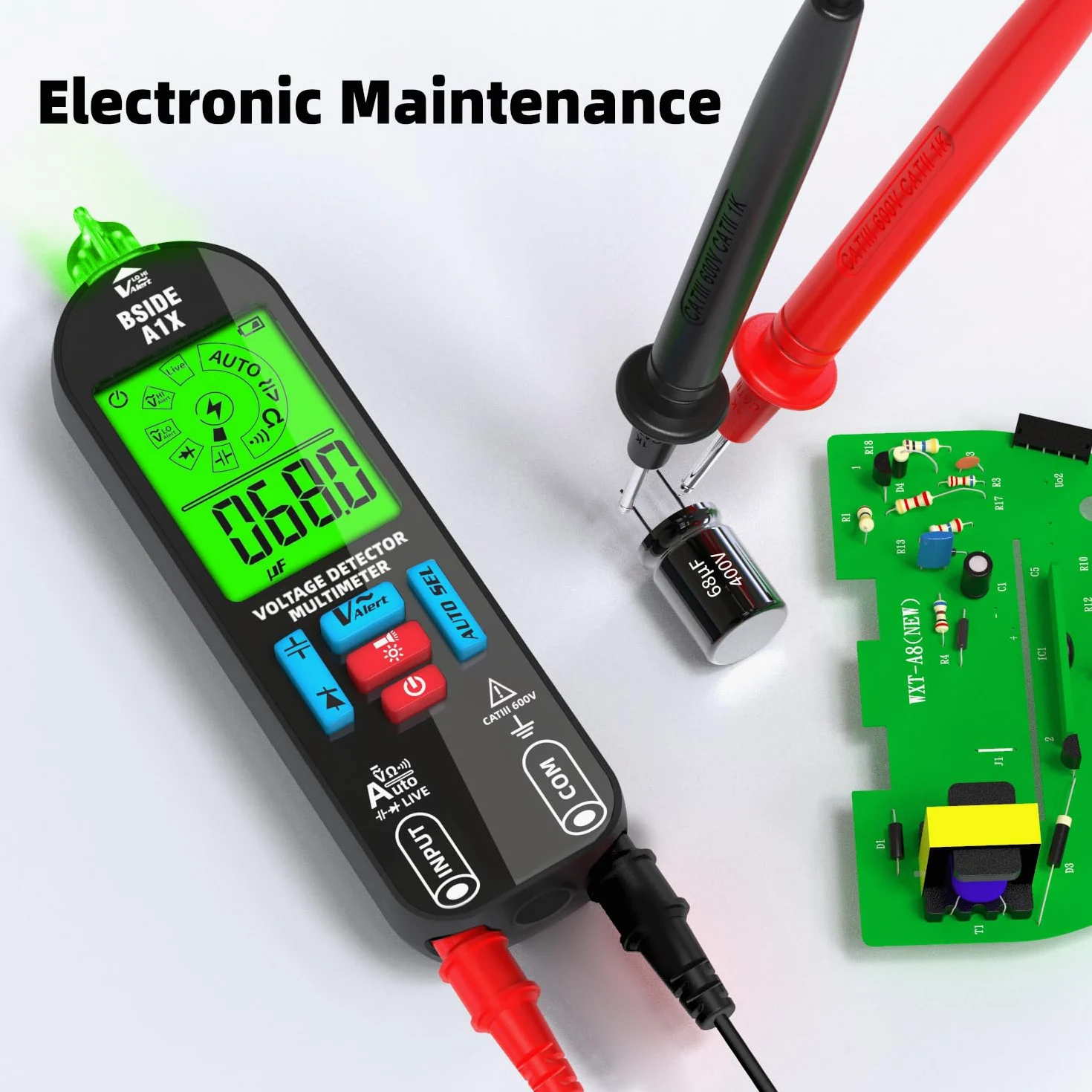 BSIDE A1X Multímetro Digital Inteligente Mini Detector de Voltaje Sin Contacto Recargable con Pantalla ID Tester Automático de Voltaje Continuidad Resistencia Probodor de Capacidad Diodo con Estuche