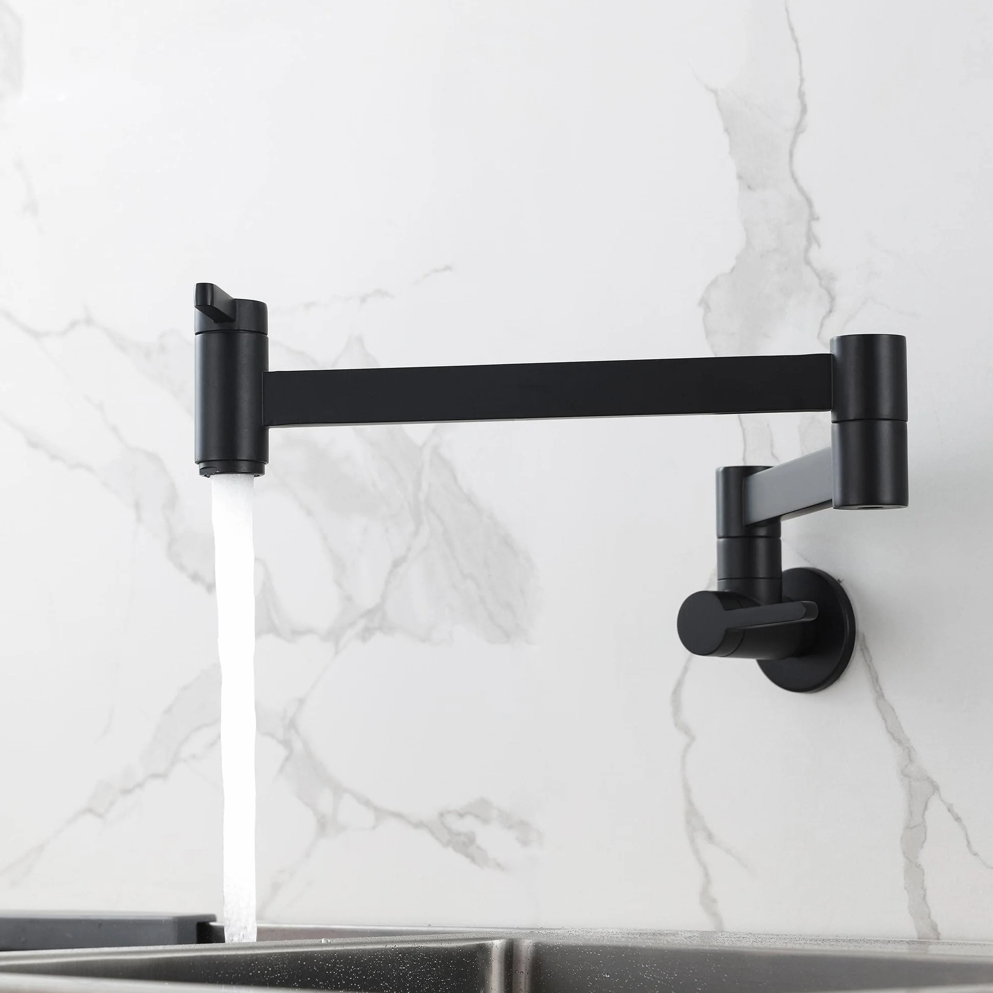 HomeLava Grifo de cocina montado en pared negro, Grifo latón plegable extensible doble junta 2 manijas