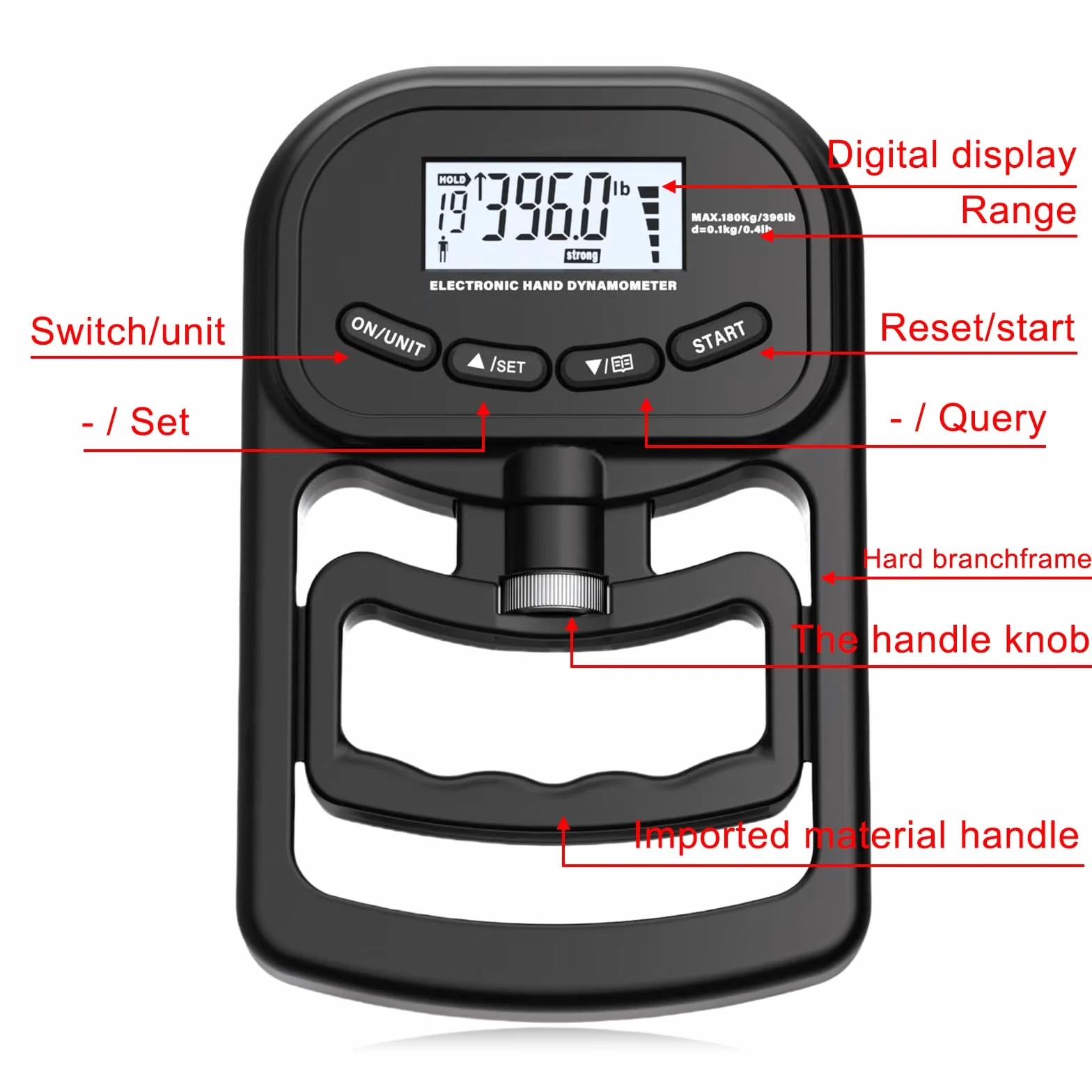 Medidor de fuerza digital manual, 396 lb/180 kg, color negro, dinamómetro de mano con cable de carga USB, gran pantalla LED
