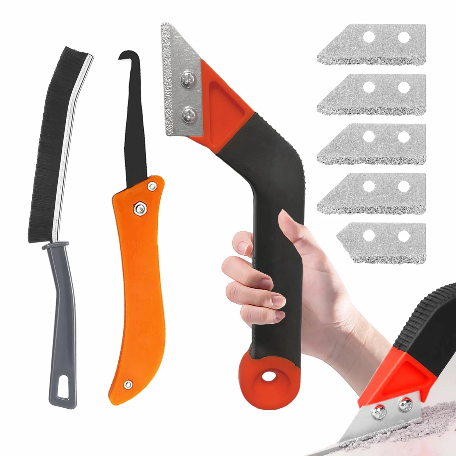 Rascador Juntas Azulejos, 8 pcs Removedor de Lechada para Quitar Lechada de Azulejos y Baldosas con 5 piezas de Repuesto Extra, 1 Cepillo para Quitar Baldosas(Rojo)