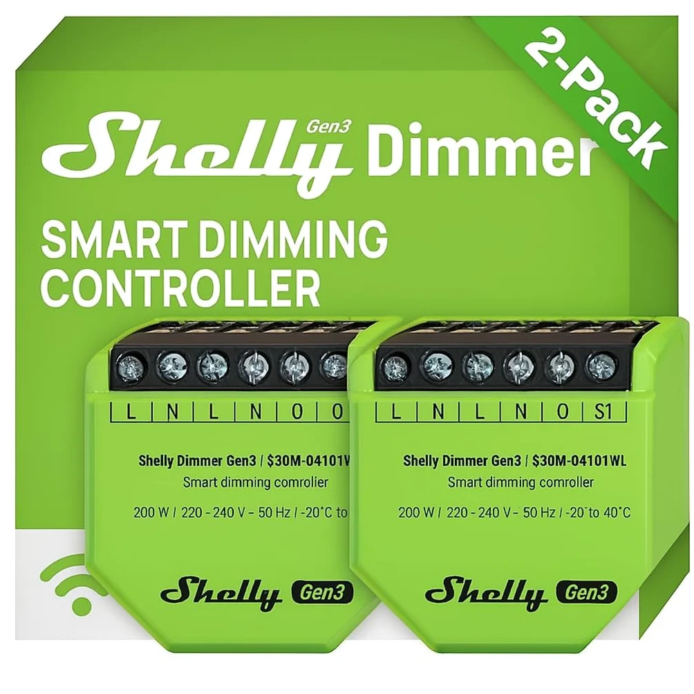 Shelly Dimmer Gen3 – Dimmer Inteligente WiFi Empotrable, LED & Halógenos hasta 200 W, Sin Cable Neutro, Domótica, Programación Inteligente, Home Assistant, Alexa & Google Home, Sin Hub (2 Unidades)
