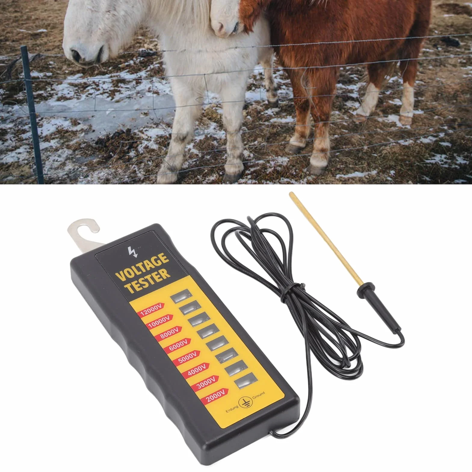 Detector de Fallas de Cerca, Probador de Voltaje de Cerca Eléctrica Portátil Resistente Al Agua con 8 Luces de Neón Máximo 12 KV para Caballos para Granjas