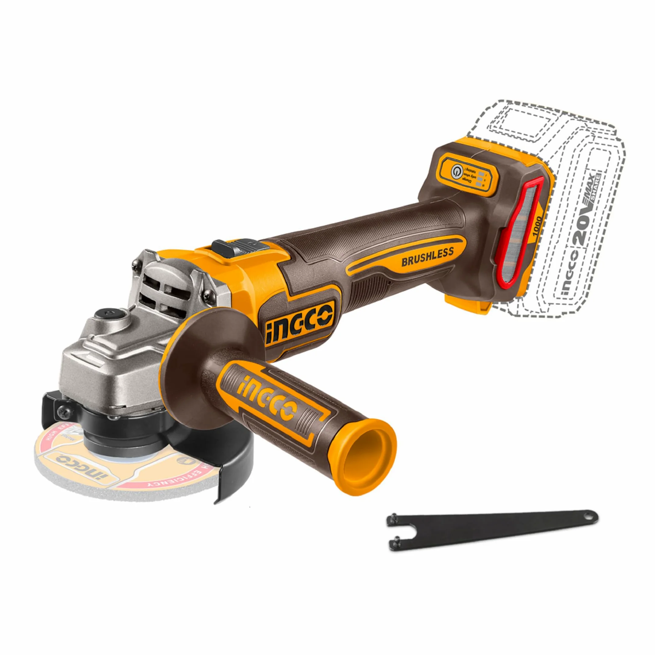 INGCO Amoladora angular inalámbrica de 20 V (producto solo) 115 mm, 1000 W, motor sin escobillas, variable de 3 velocidades, 3000/6000/9000 rpm para cortar, pulir y afilar CAGLI27153