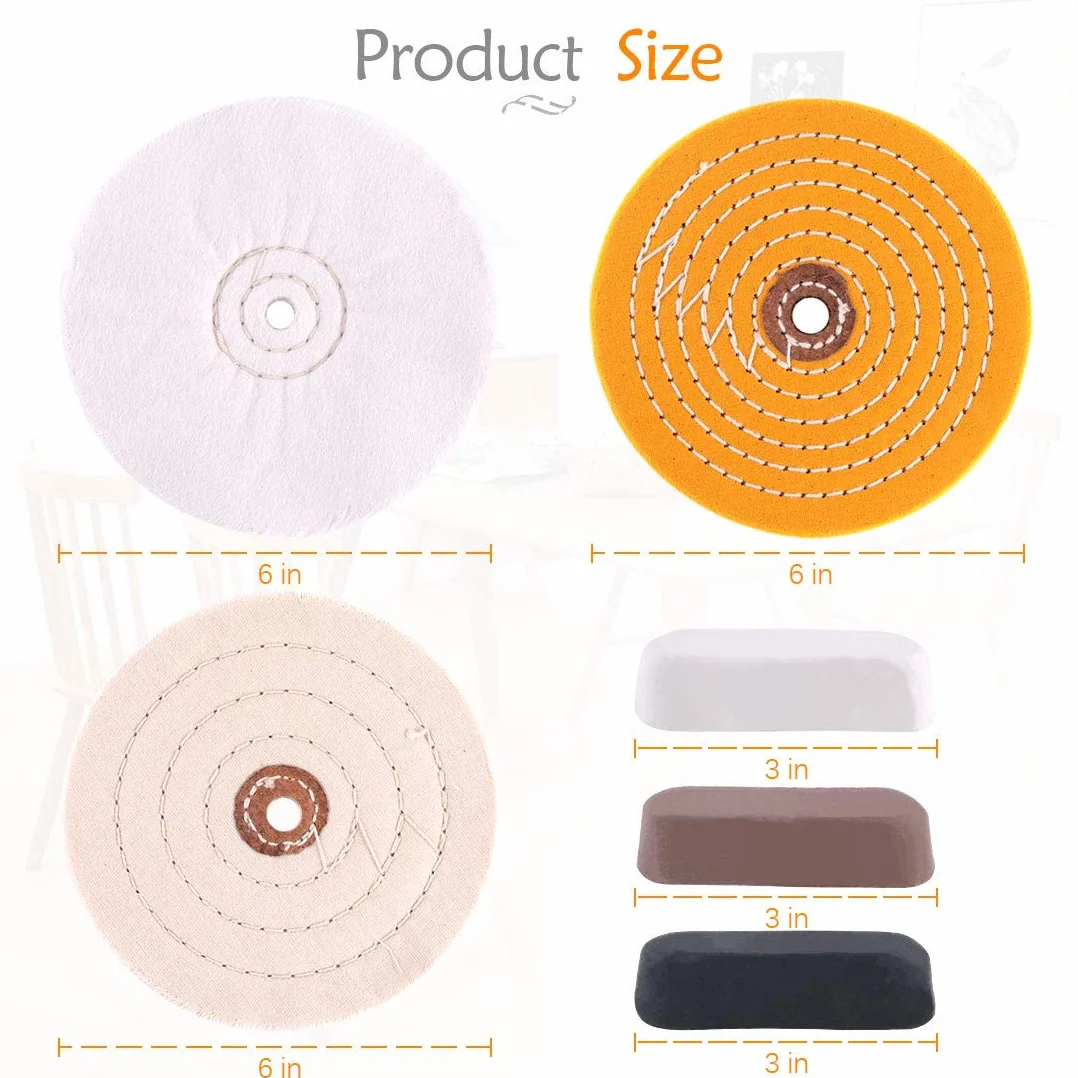 6 piezas kit de pulido y pulido incluye surtido de 6 pulgadas con 1/2 pulgadas de arbor agujero rueda de pulido, negro esmerilado, marrón Tripoli, diamante blanco para banco, molinillo
