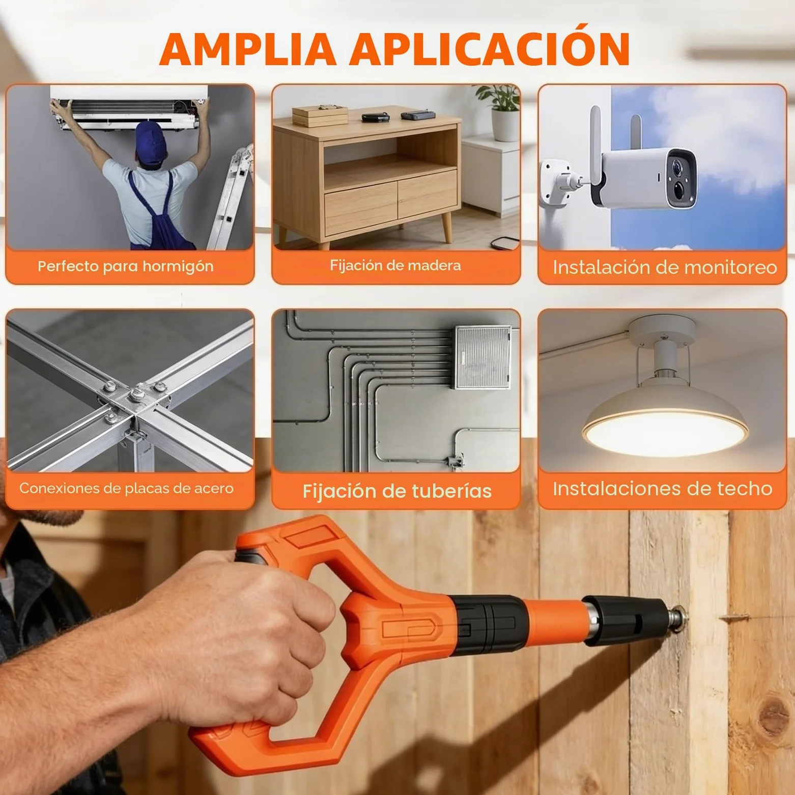 Clavadora Manual para Hormigón, Pistola de Clavos de Acero Portátil con 100 Clavos, Maletín, Gafas, Guantes, Tapones, 5 Niveles, para Fijación en Pared, Techo, Cemento, Ladrillo, Metal