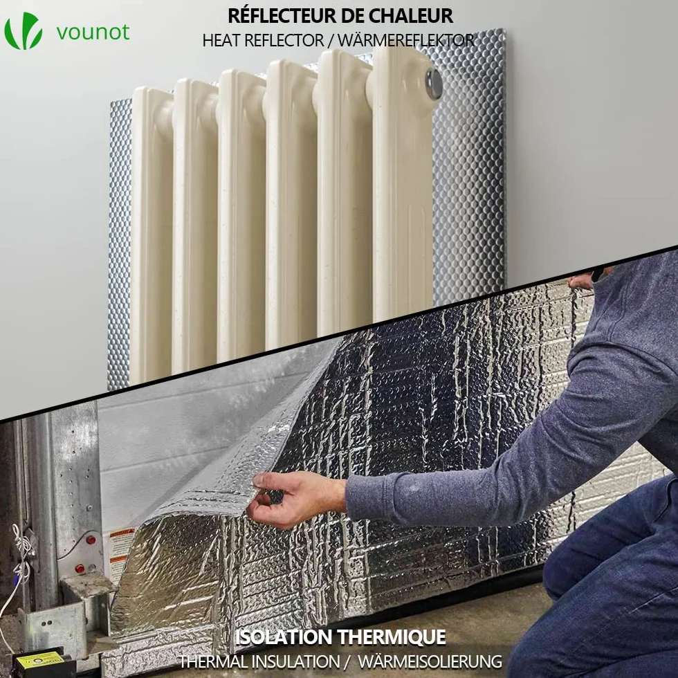 VOUNOT® Aislante Térmico Reflexivo 10 x 0.6 m Aluminio y Burbujas, Lámina Aislante Doble Cara