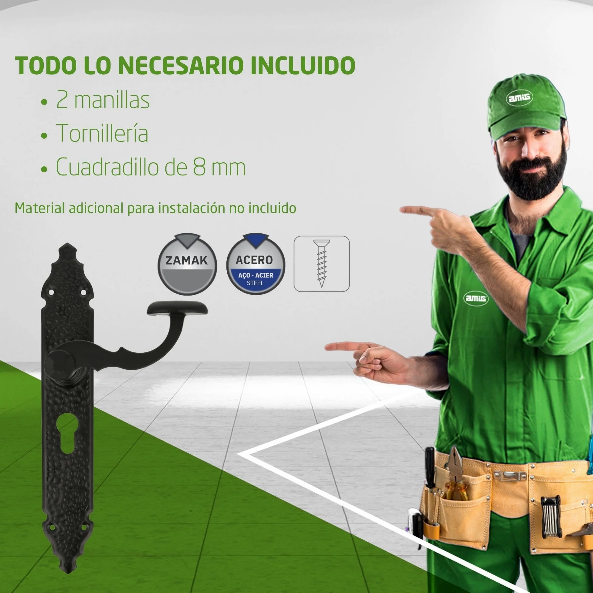 Amig - Juego de 2 Manillas para Puertas de Paso Mod.100PB85-280 x 45 x 3,5 mm - Cuadradillo 8 mm - Para Uso Con Cerraduras De Embutir - Tipo Forja - De Zamak Acabado en Negro