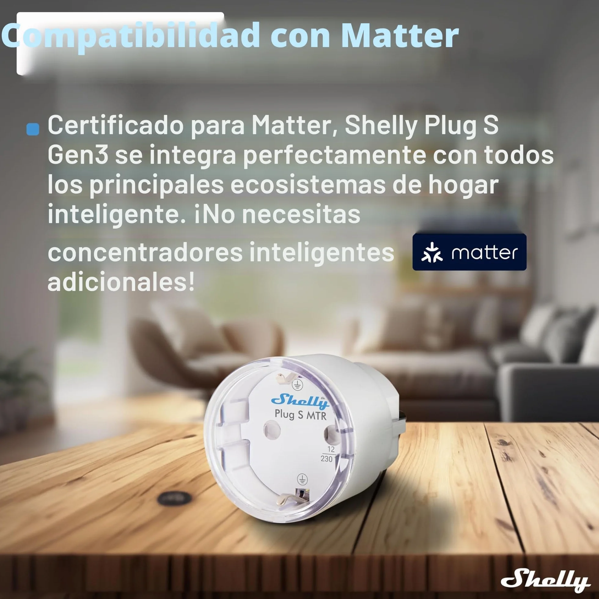Shelly Plug S MTR Gen3- Blanco, Enchufe Inteligente Wi-Fi con Matter, Con Medidor de Consumo y Indicador LED, Control Remoto por App y por Voz, Alexa, Google Home,SmartThings