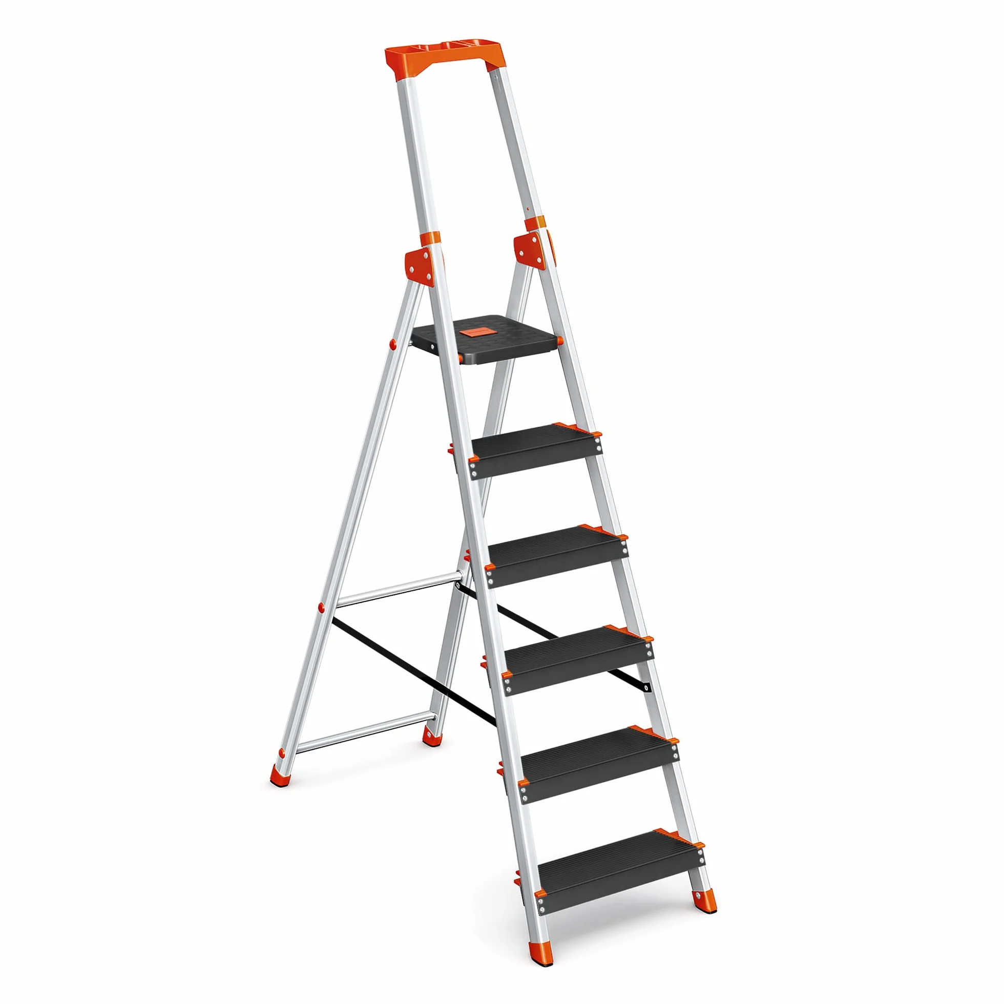 SONGMICS Escalera de 6 Peldaños, Escalera de Aluminio con Peldaños de 12 cm de Profundo, Plegable, Bandeja y Pies Antideslizantes, Carga de 150 kg, Negro y Naranja GLT06BK