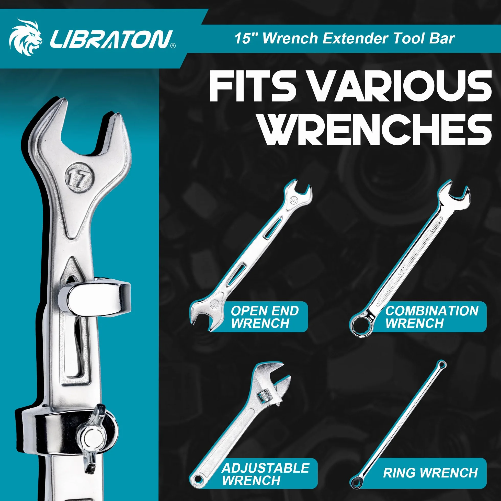 LIBRATON Barra Extensión de Llave de 38 cm, Herramienta Extensora de Llave para Máximo Apalancamiento, Adaptador Extensor de Llave para Reparación y Mecánica Automóviles, con Agarre Antideslizante