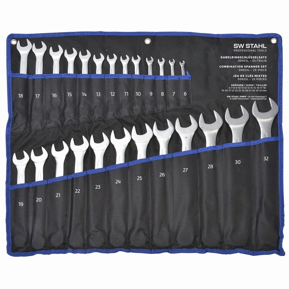 SW-Stahl 00925L Juego de Llaves Combinadas - Set de 25 Piezas de 6-32 mm | Llave combinada de cromo vanadio – Juego de llaves combinadas profesionales cromadas mate – 15° acodado – Llave doble