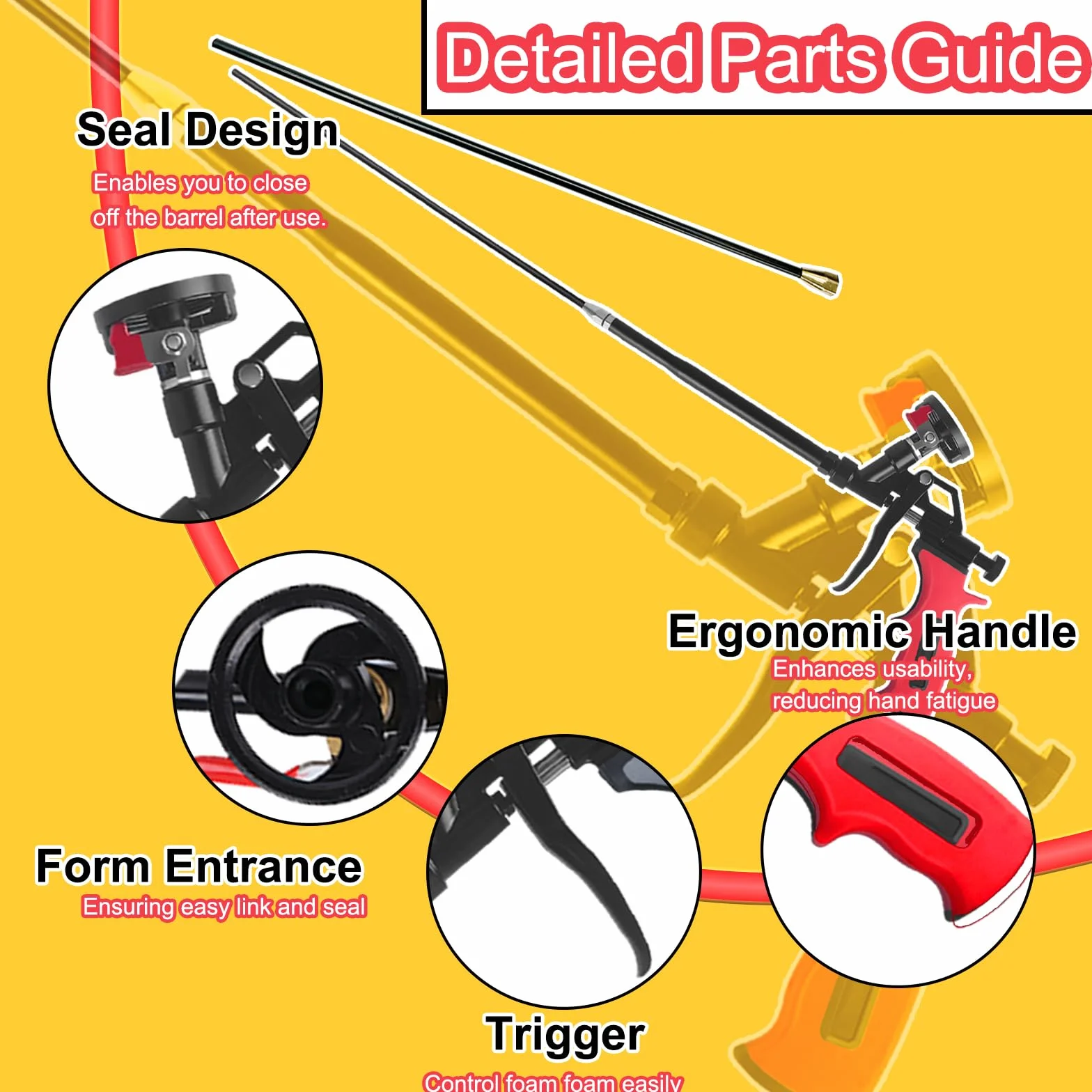 Pistola de espuma extensible 63cm - Cesta recubierta de PTFE antiadherente, pistola de espuma para aislamiento, pistola profesional para sellado, relleno, proyectos DIY (Roja)